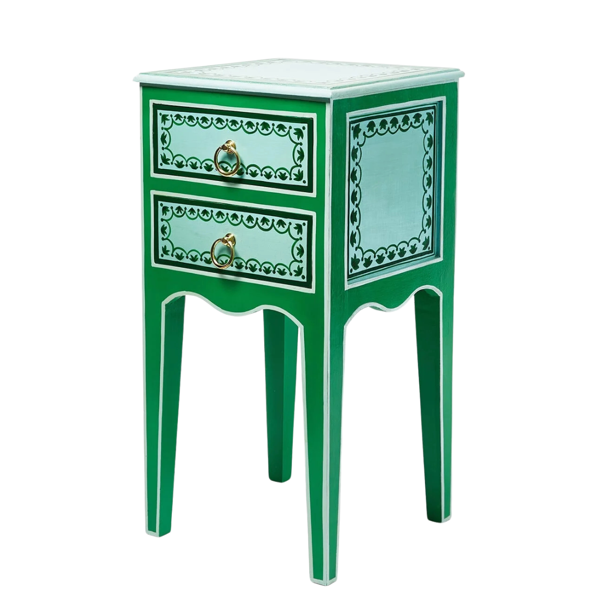 a bright green bedside table with painted pattern details