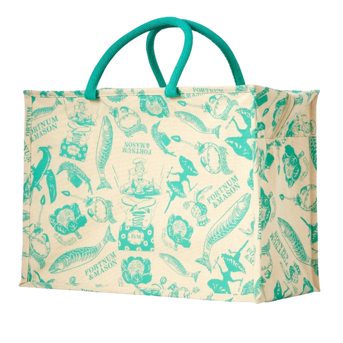 a cream and turquoise fortnum and mason bag for life with fish illustrations