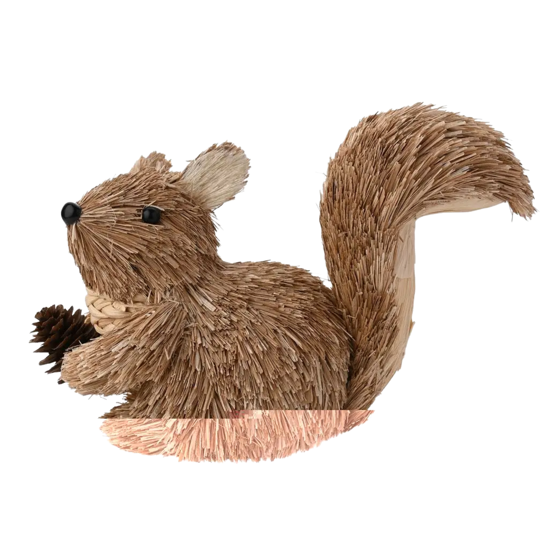 a small straw pale brown squirrel ornament holding a pinecone