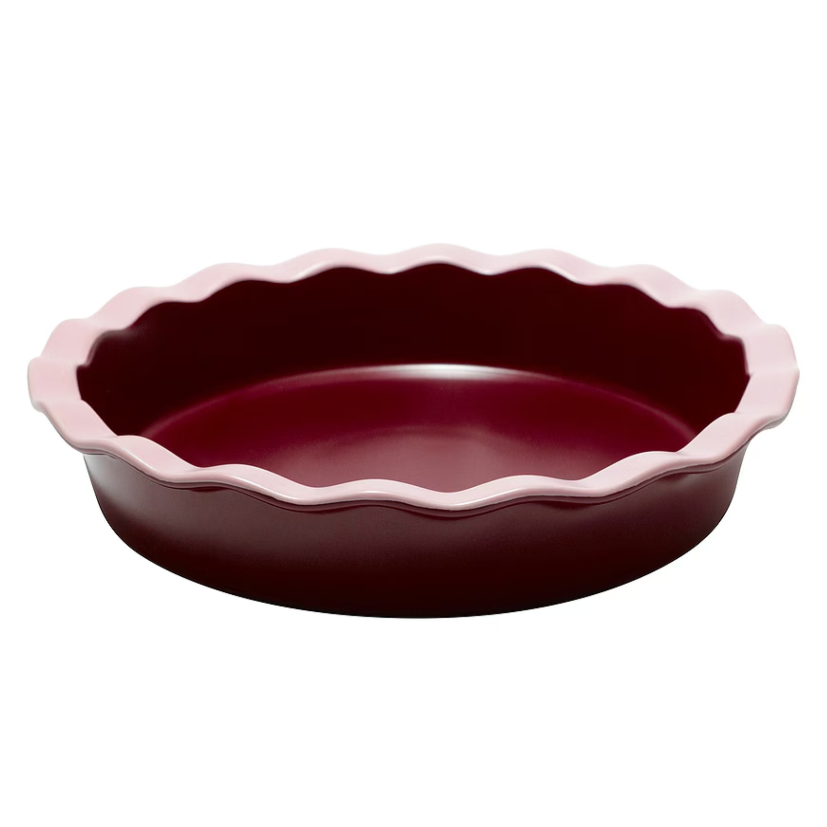 Deep burgundy ceramic round pie dish with a light pink fluted scalloped rim