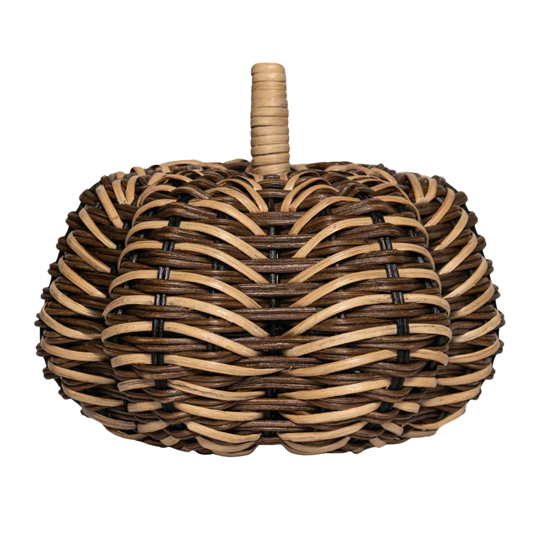 a brown and beige rattan woven pumpkin decoration