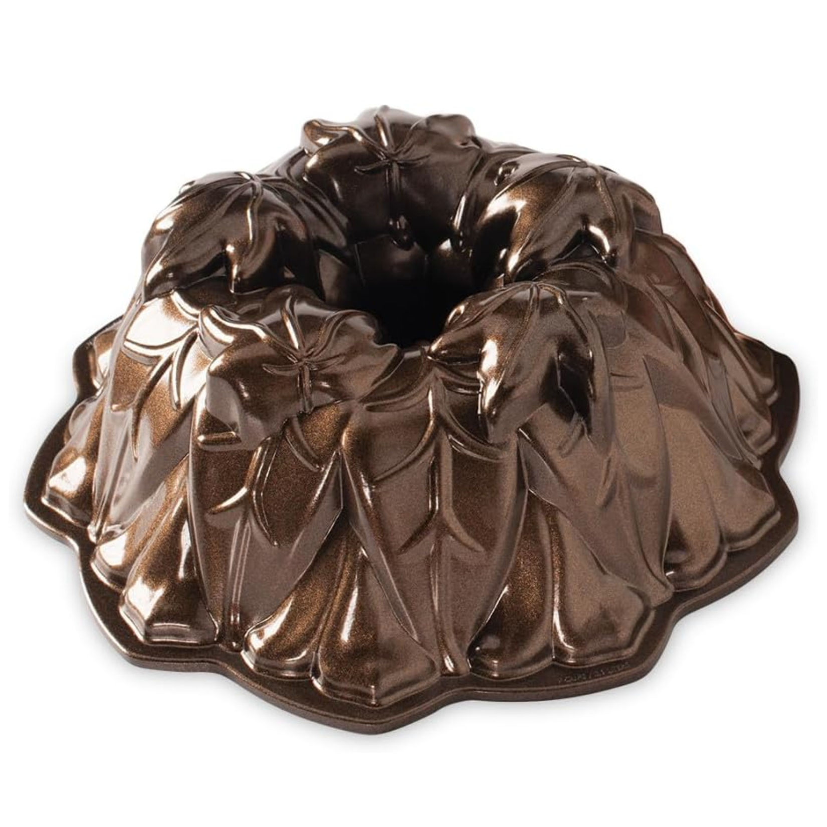Bronze cast aluminum Bundt cake pan featuring an intricate design of overlapping autumn leaves