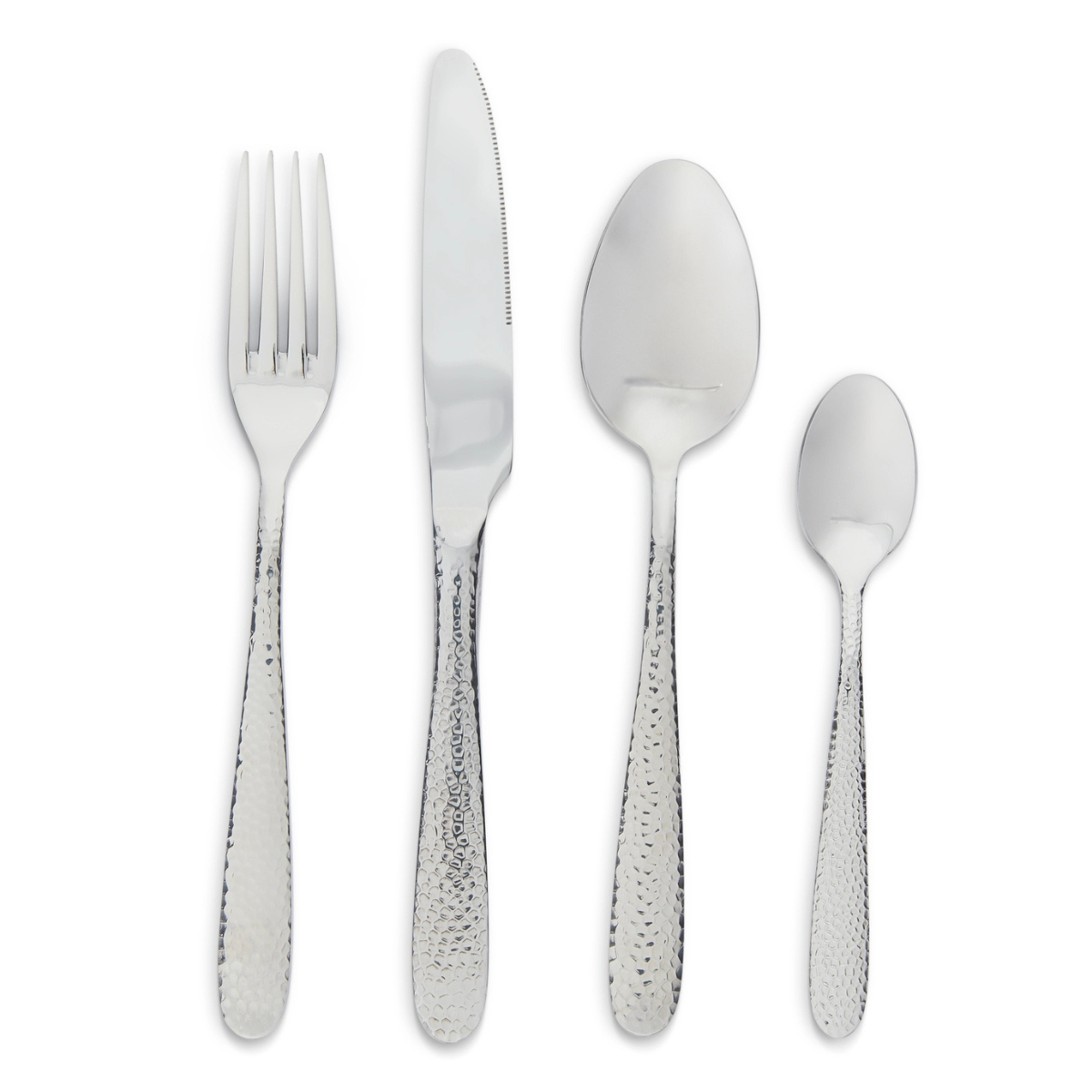 set of 4 cutlery with silver hammered detail