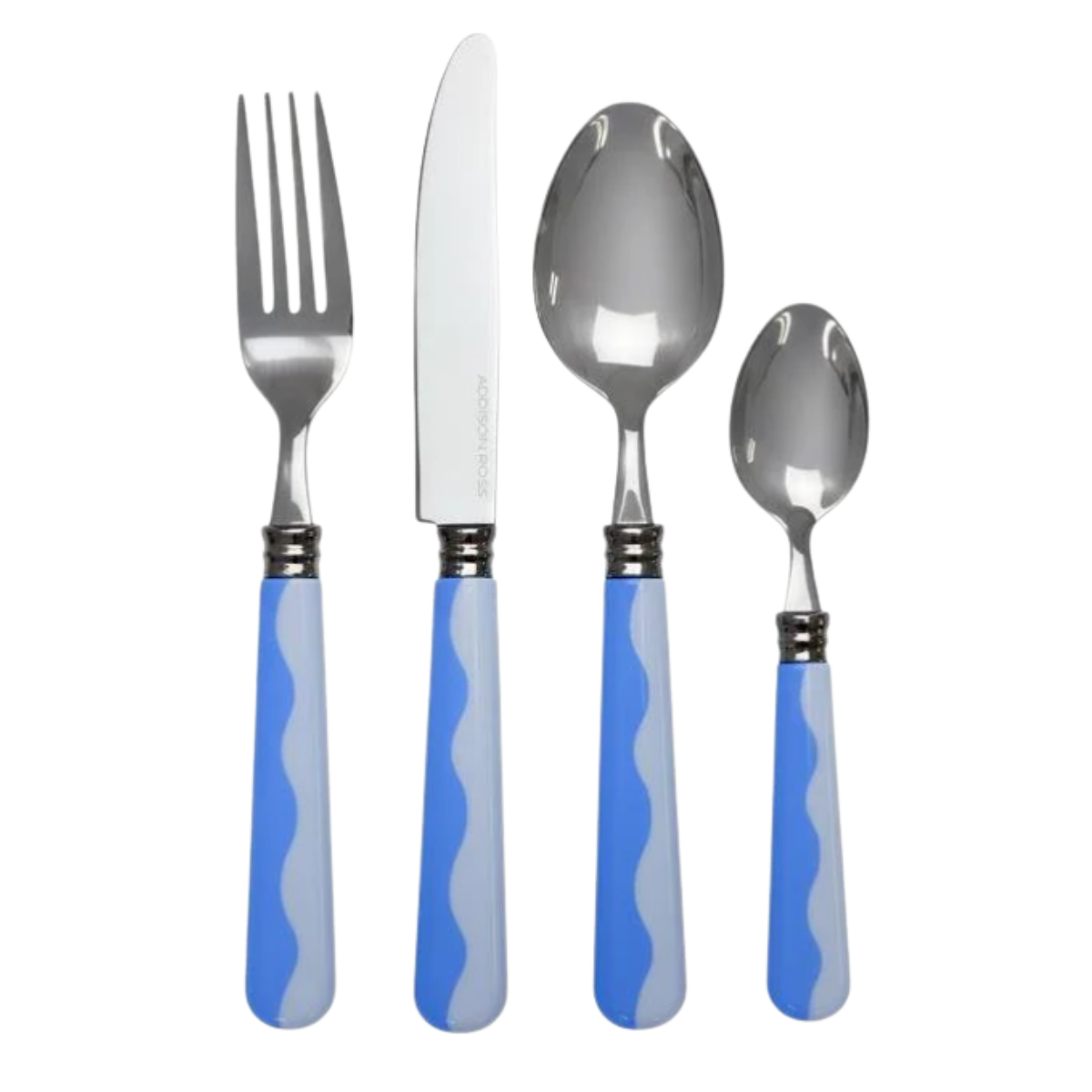 set of 4 cutlery with bright blue two tone wavy pattern handles