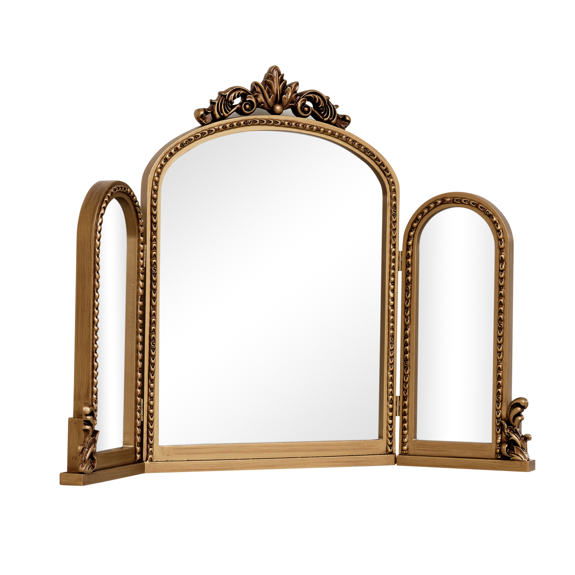 Gold Ornate Arched Triple Dressing Table Mirror