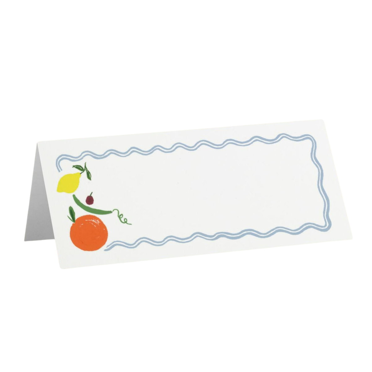 a white place name card with a blue wavy border and a colourful fruit illustrations