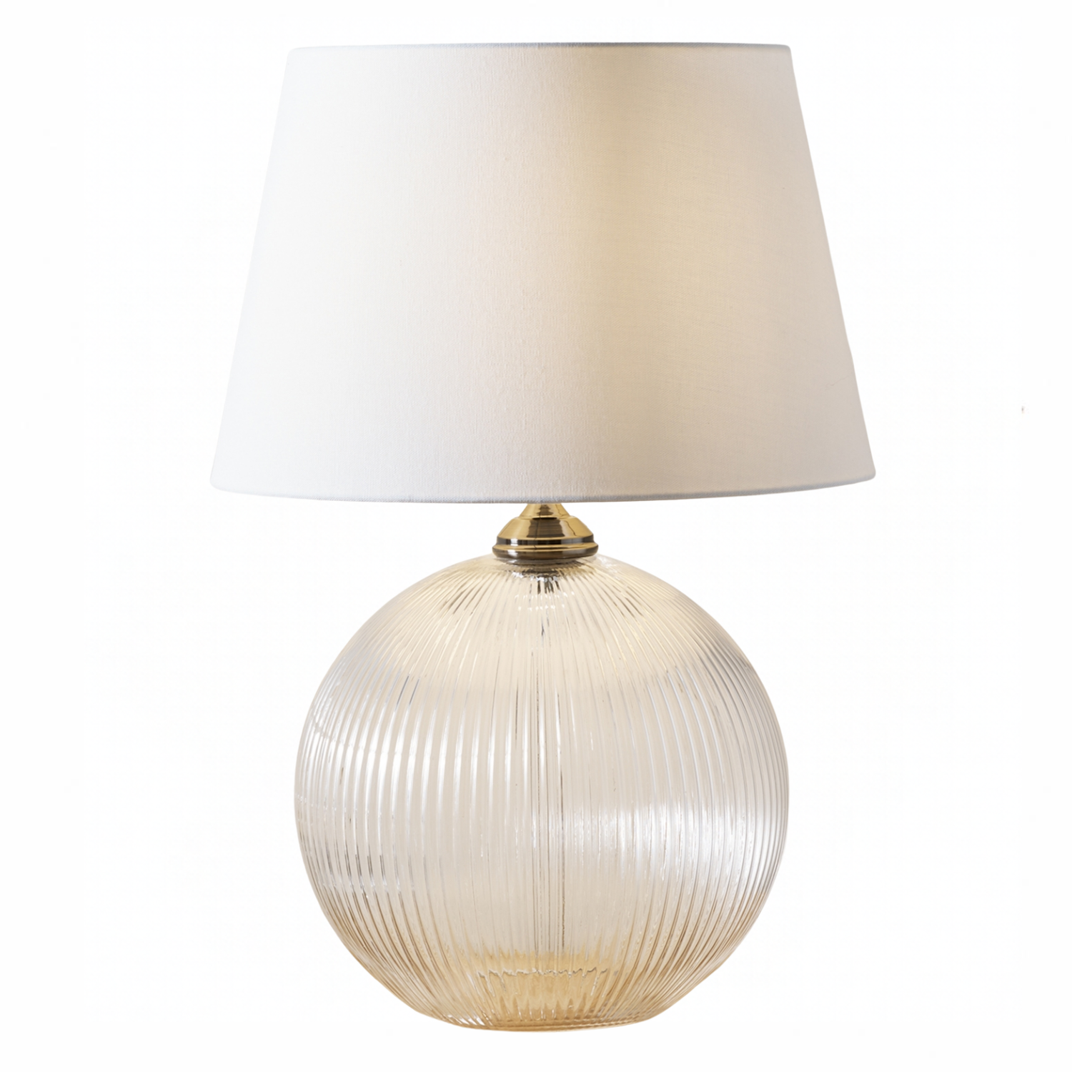 a clear glass globe table lamp with white shade