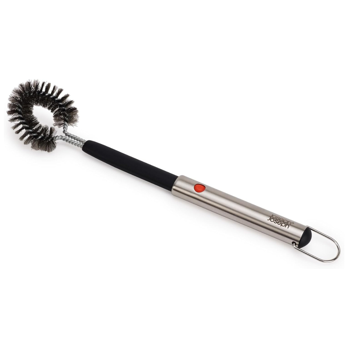 a long black and silver bbq wire brush