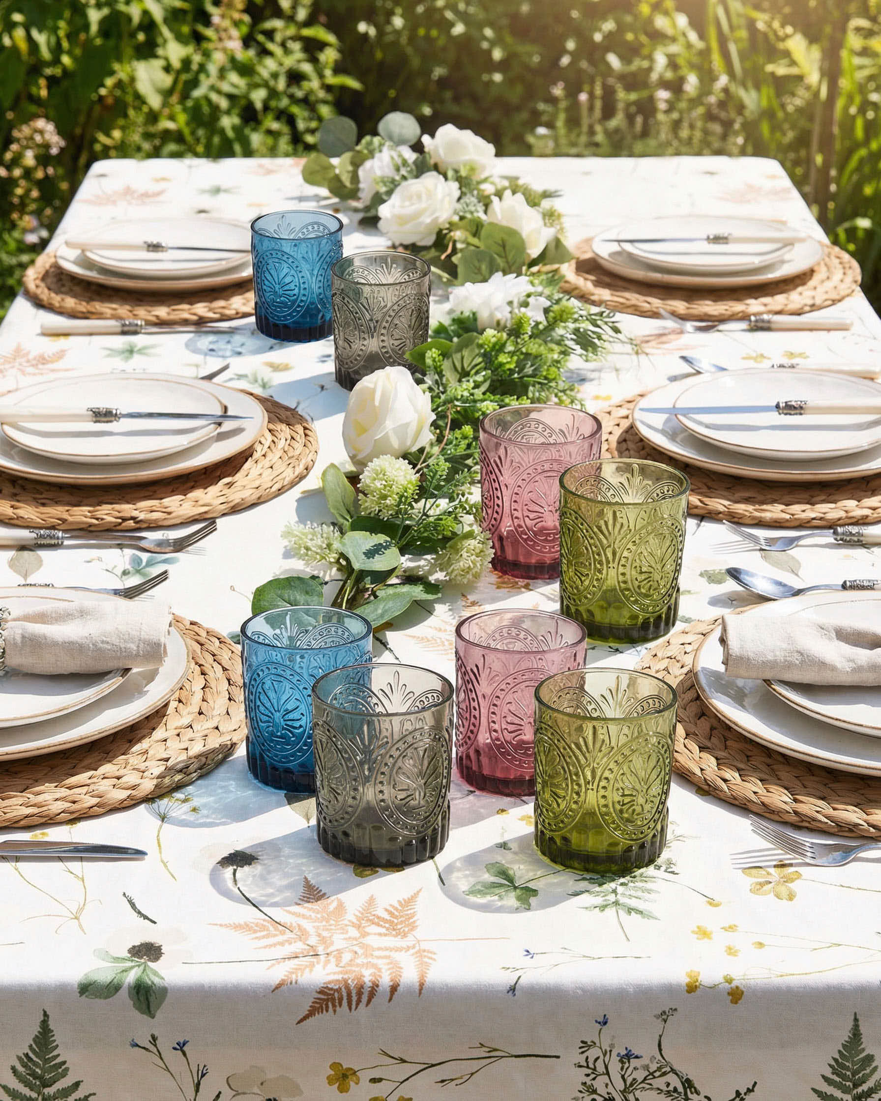 an outdoor spring table with a white and botanical print tablecloth, colourful tumblers, a real white flower garland in the middle and a rattan tablemats with white plates on top