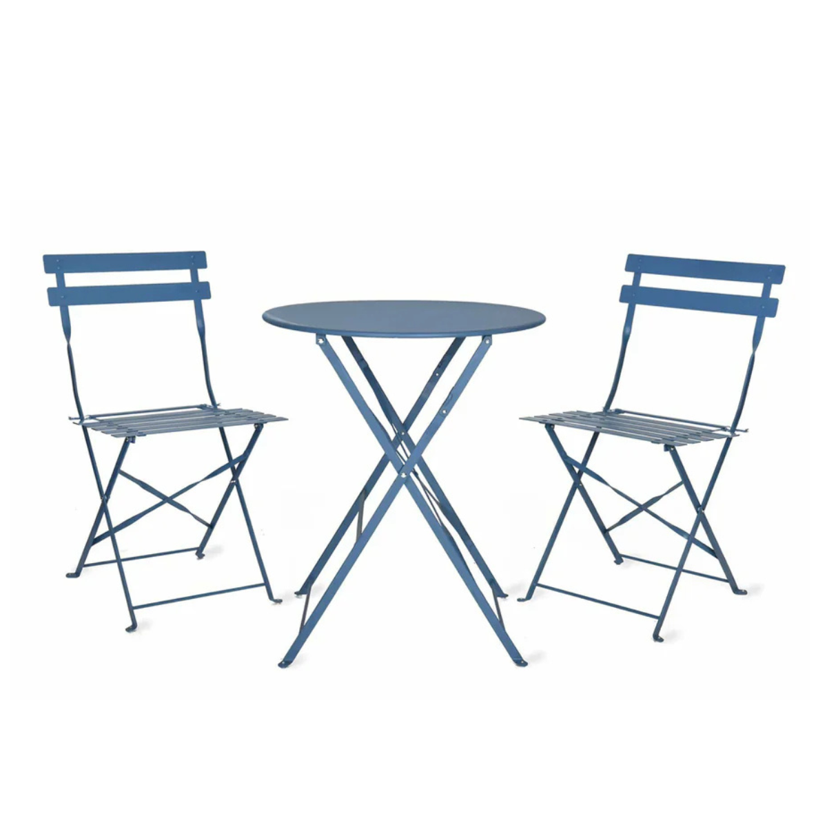 a blue metal folding garden bistro set