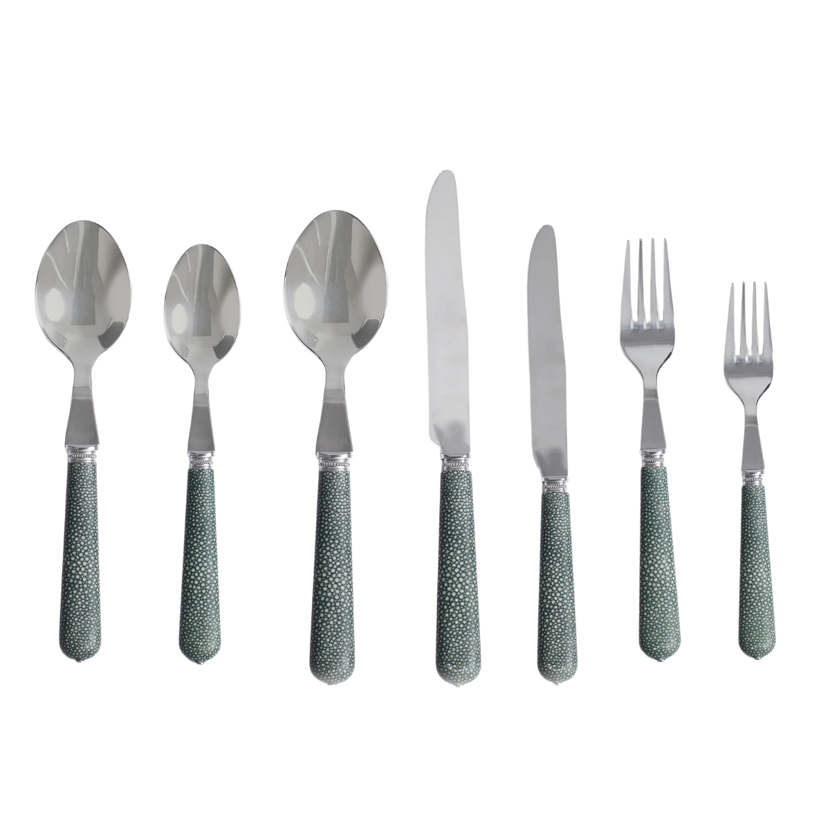 set of 7 cutlery with a dark green handle with polka dots