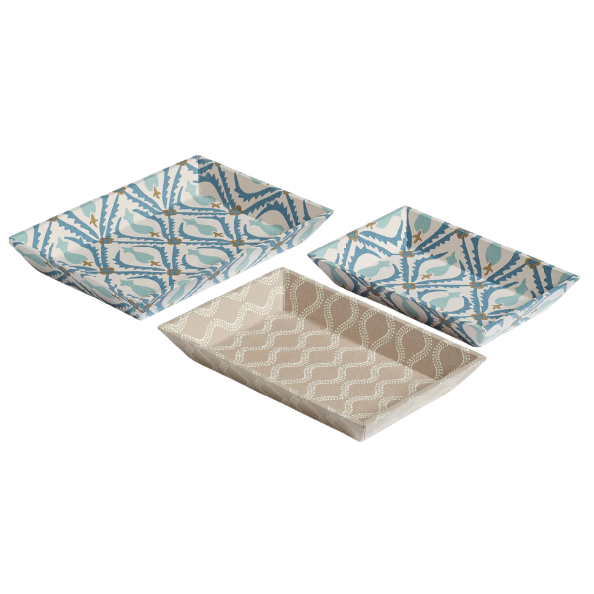 blue and beige patterned trays
