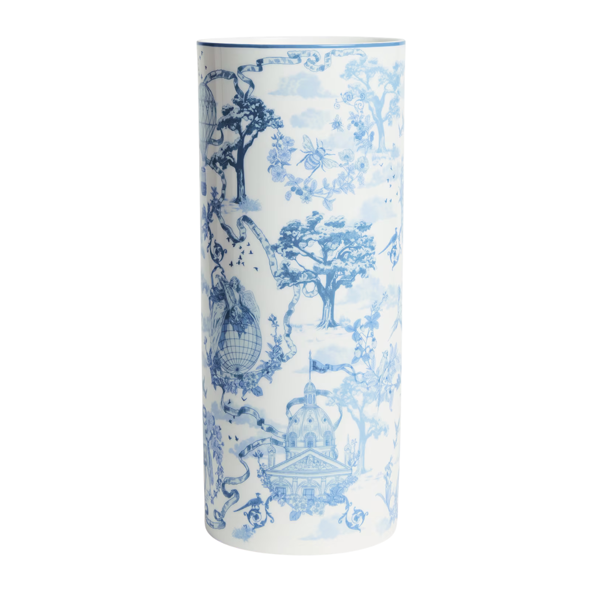 white and blue toile de jouy print vase