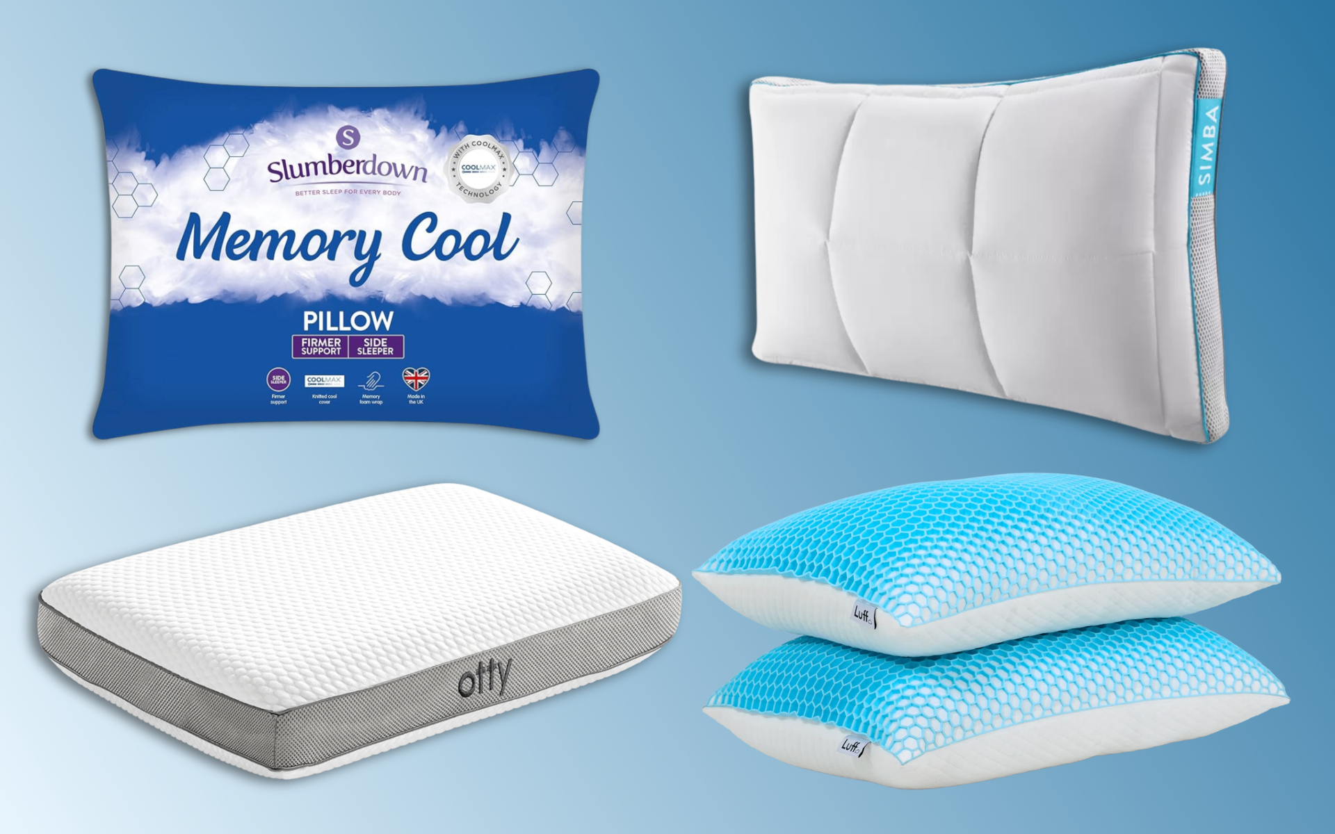a selection of cooling pillows on a blue background