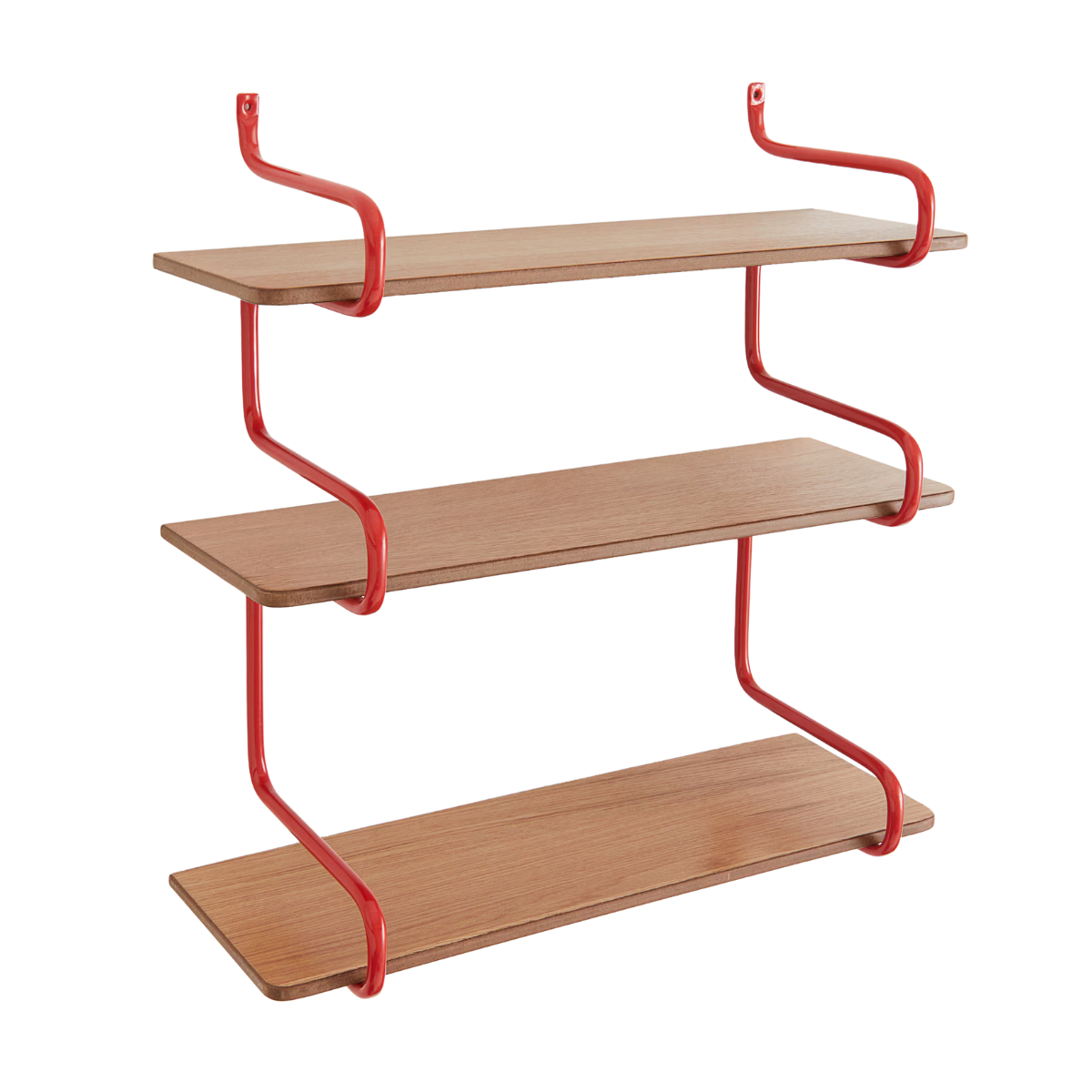 Wooden wall shelves with red hardware