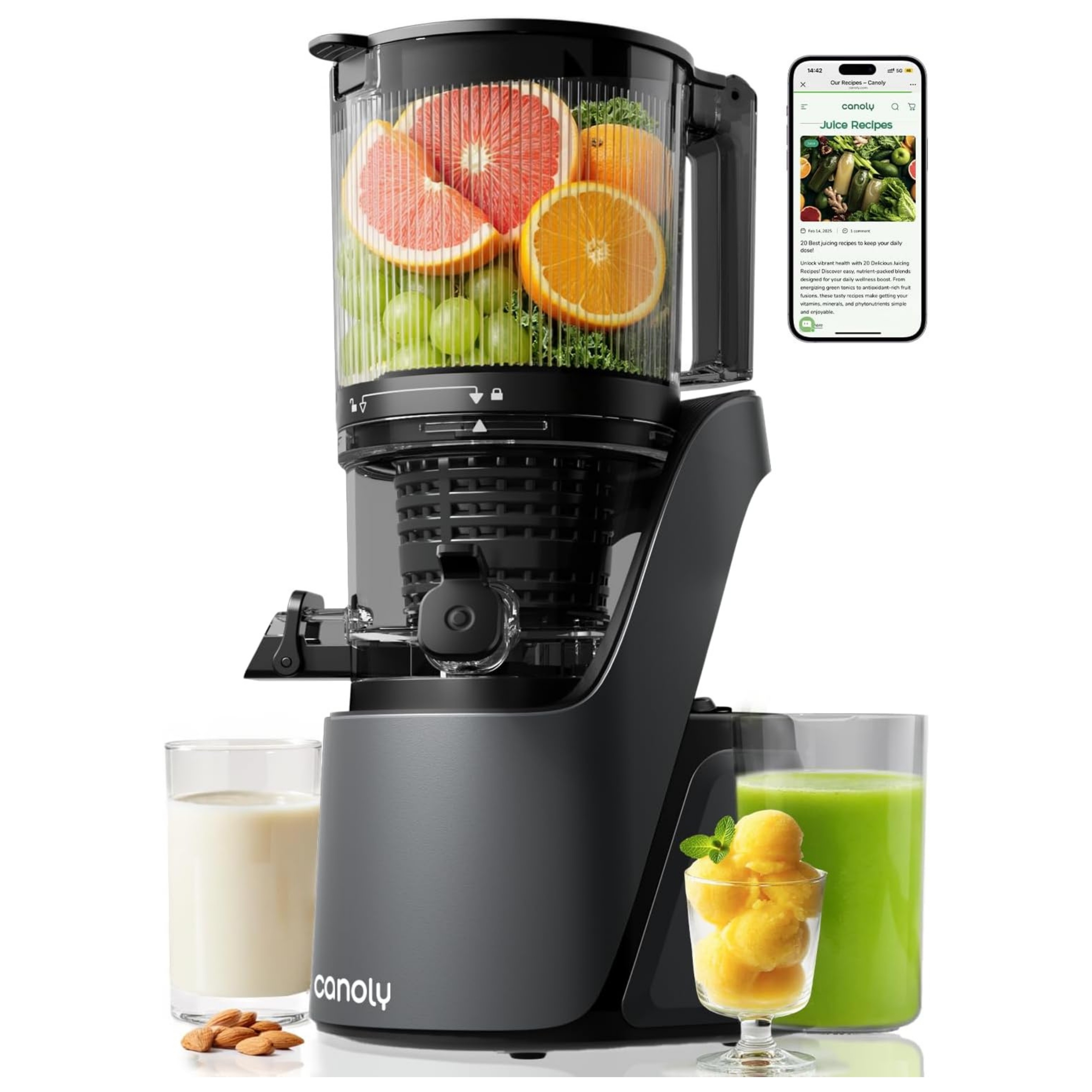 Canoly Juicer Machine pictured on a white background with juice and sorbet fruits and milk