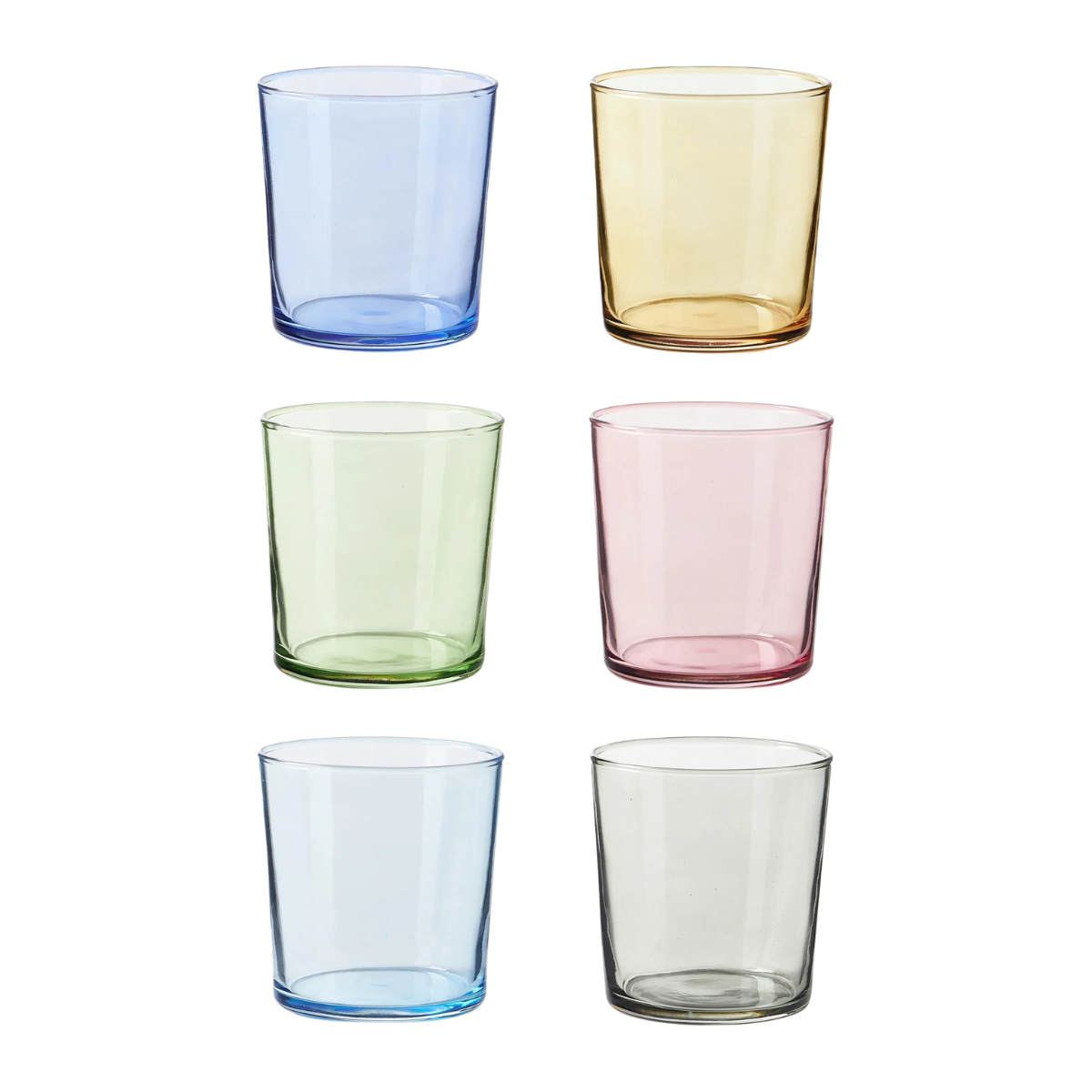 a set of 6 colourful glass tumblers