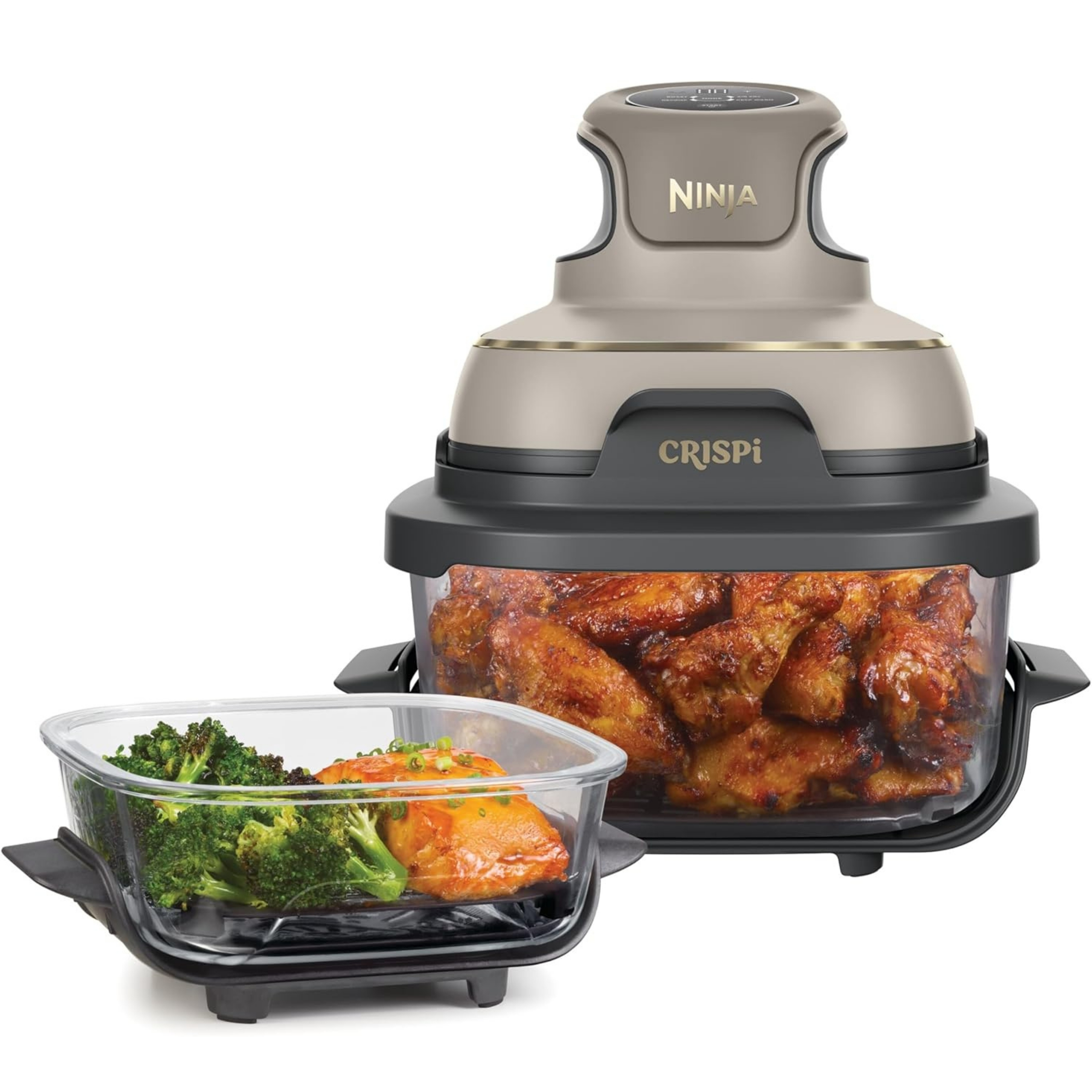 Ninja CRISPi Portable Air Fryer pictured with cooked food on a white background