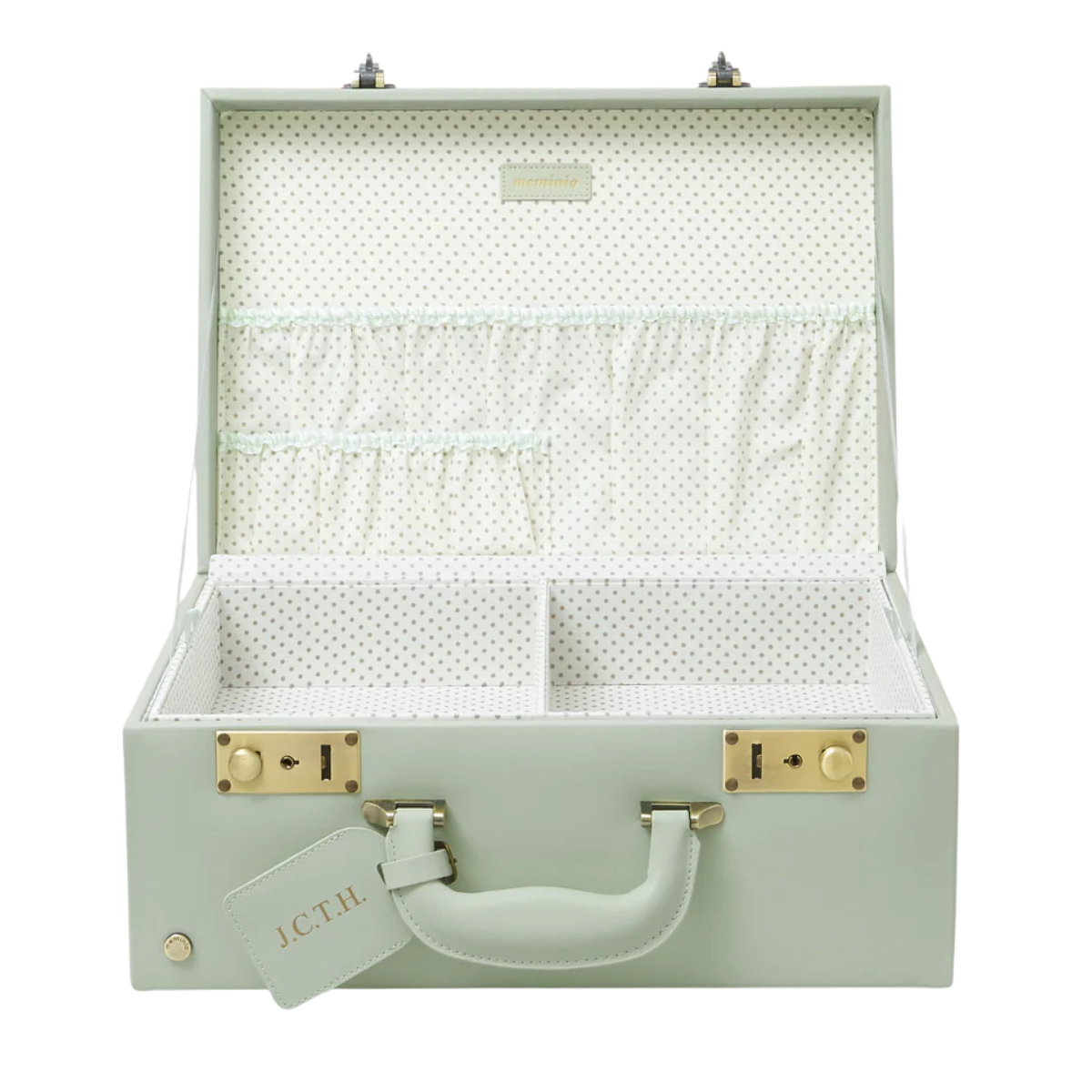 a sage green leather case with a white and black polka dot interior