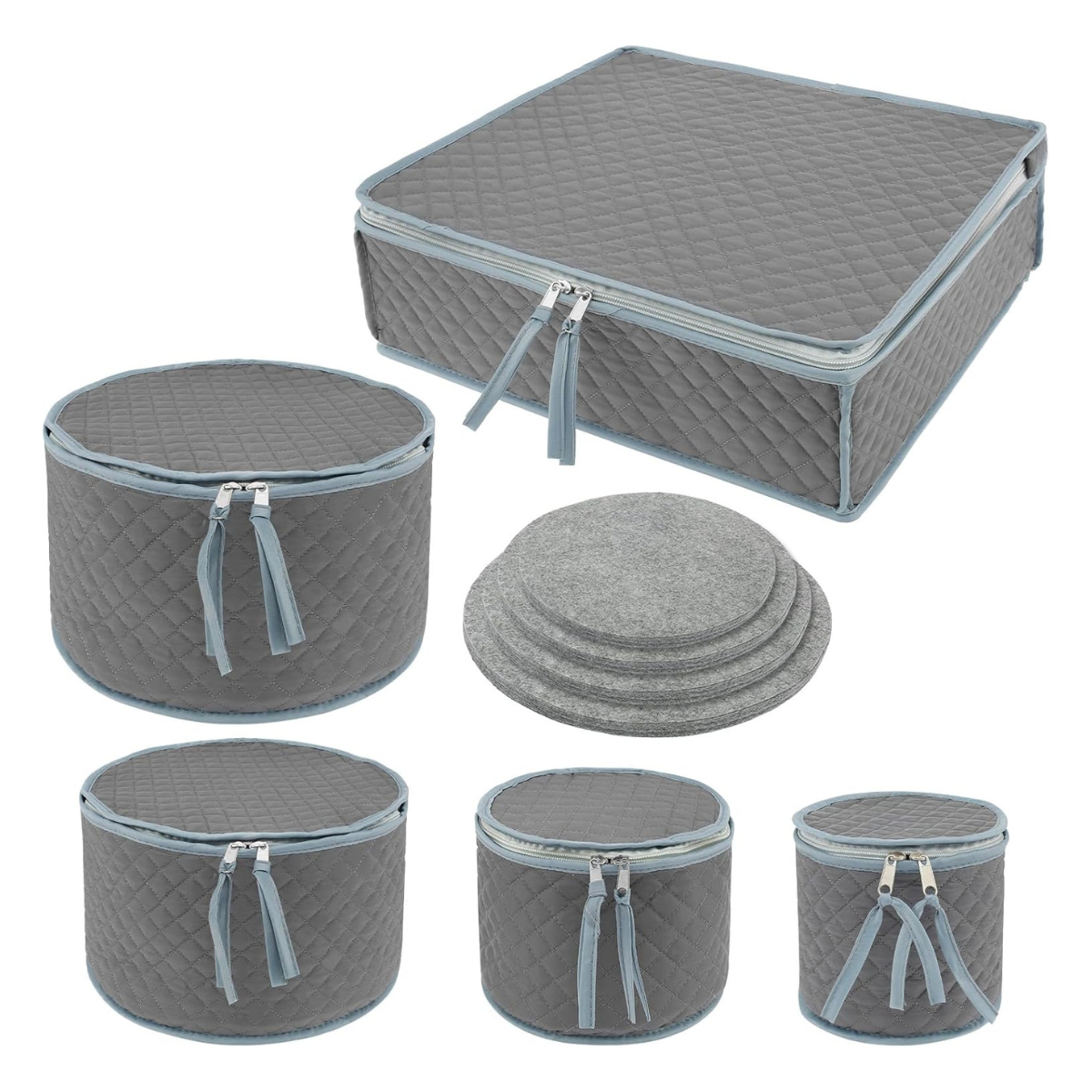 a set of 5 grey fabric storage boxes for dinner plates