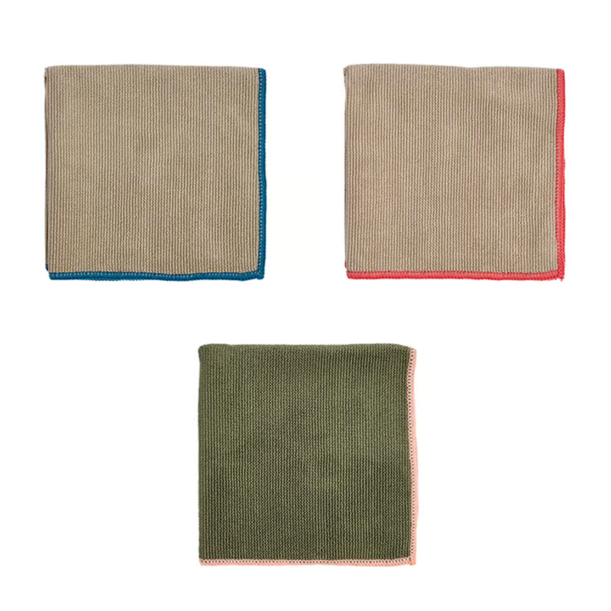 3 neutral dish cloths with different colour rims