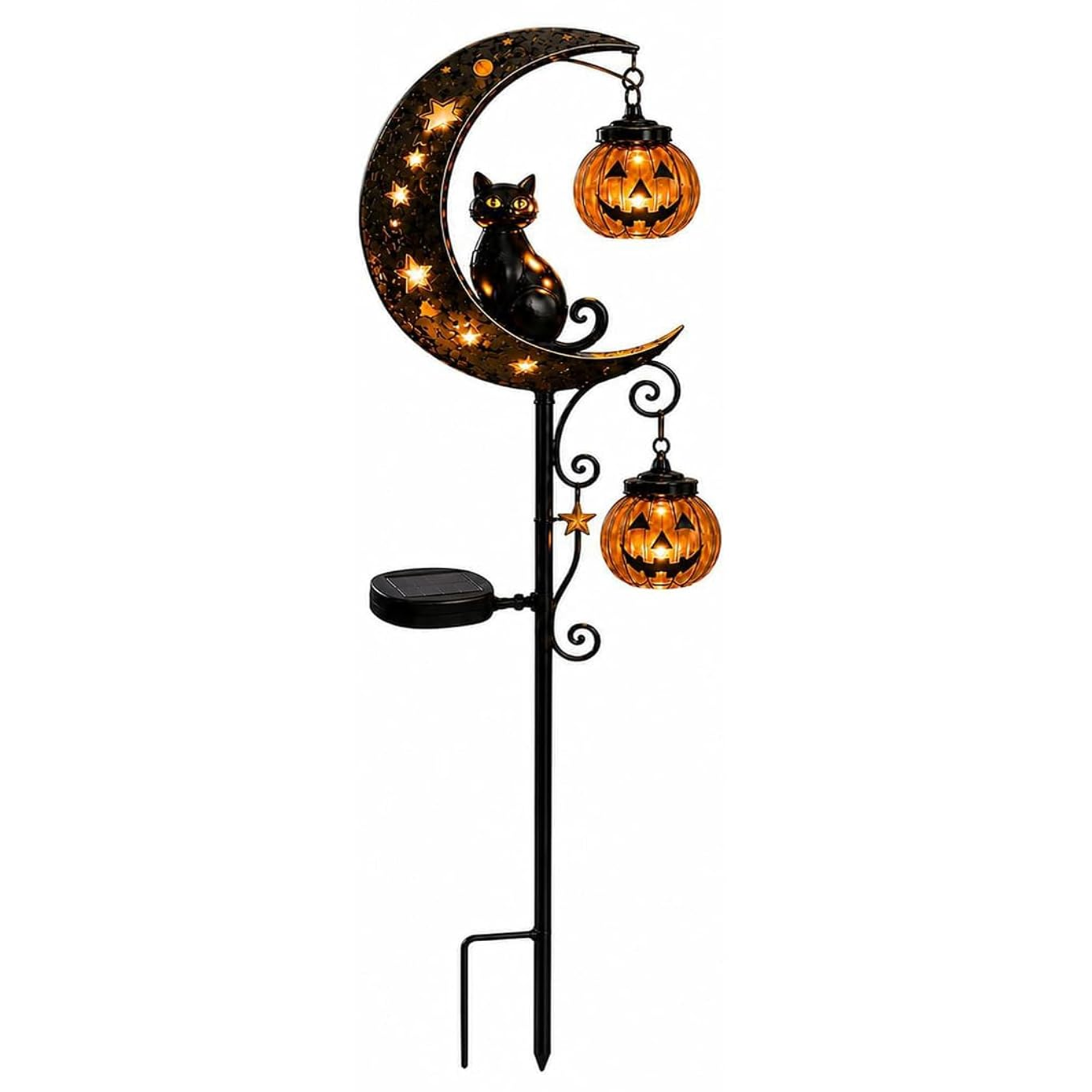 Solar Halloween Black Cat & Pumpkin Moon Garden Stake Light