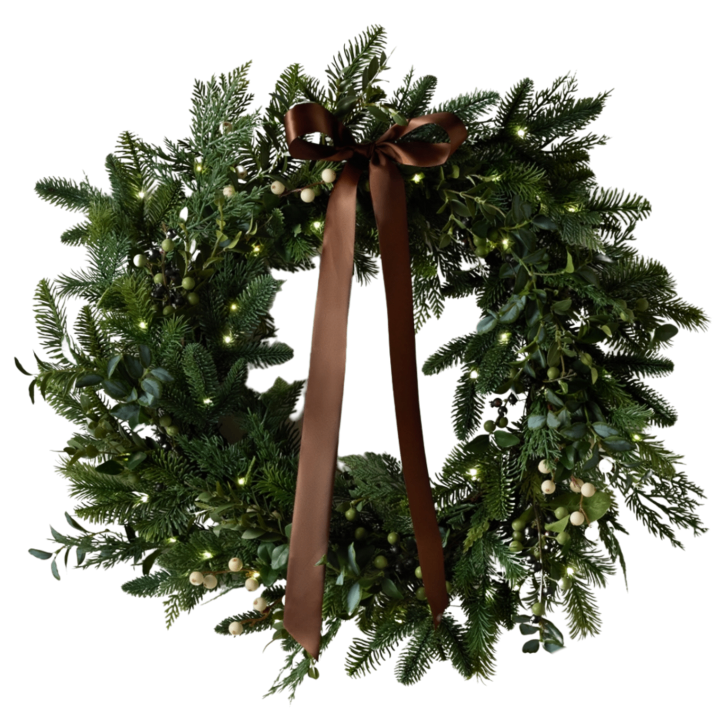 xmas wreath with lights and a brown bow