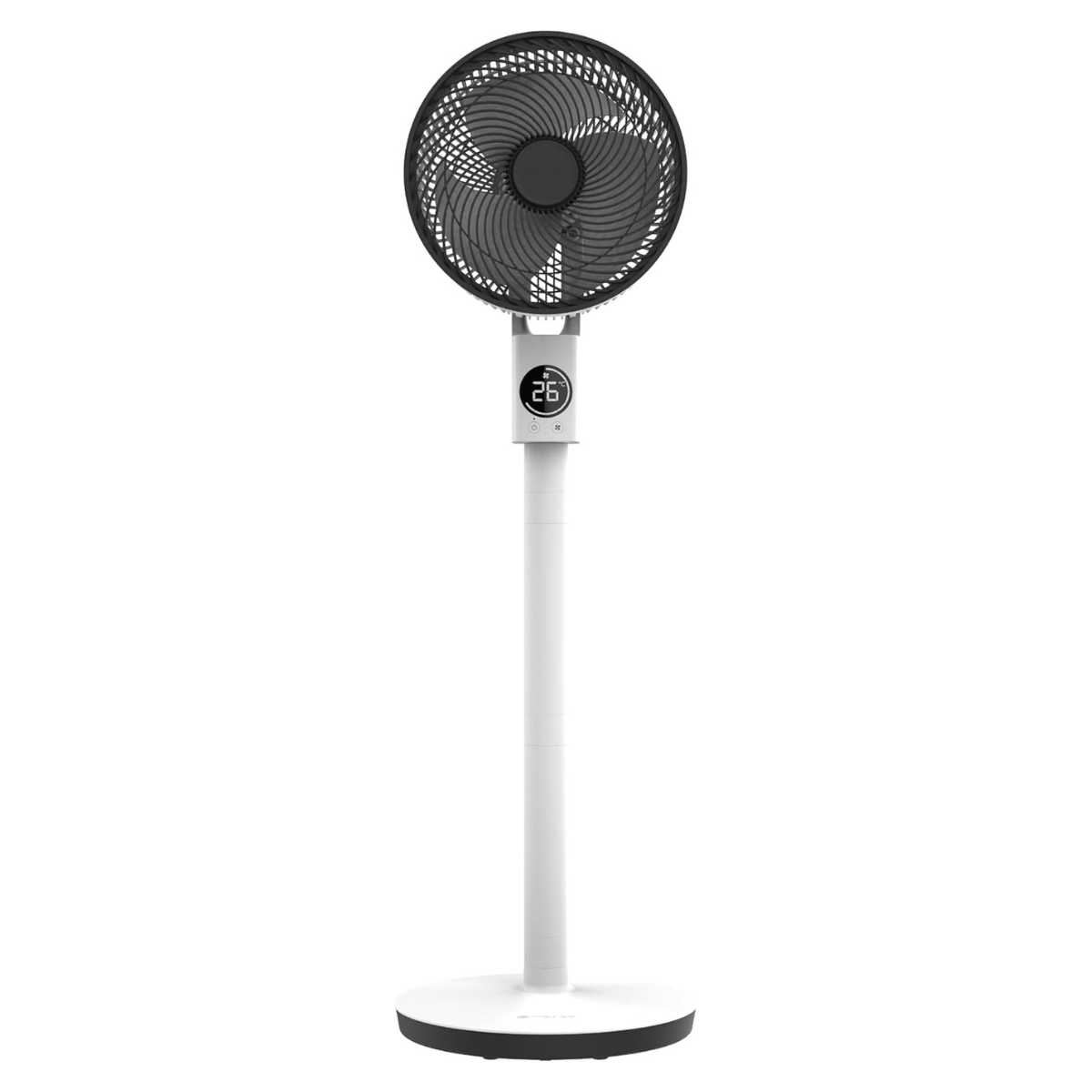 a black and white pedestal fan