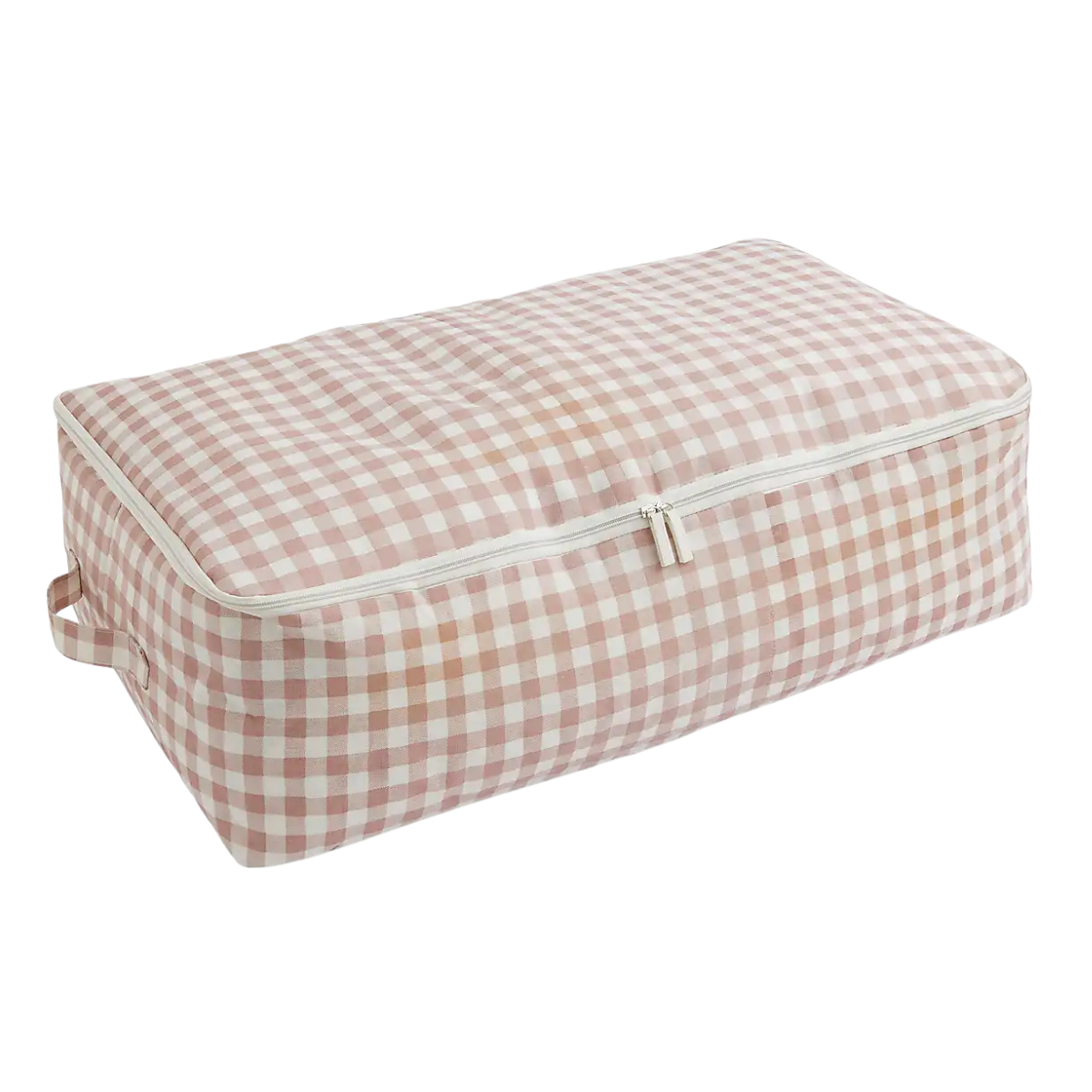 a white and pink gingham underbed storage bag