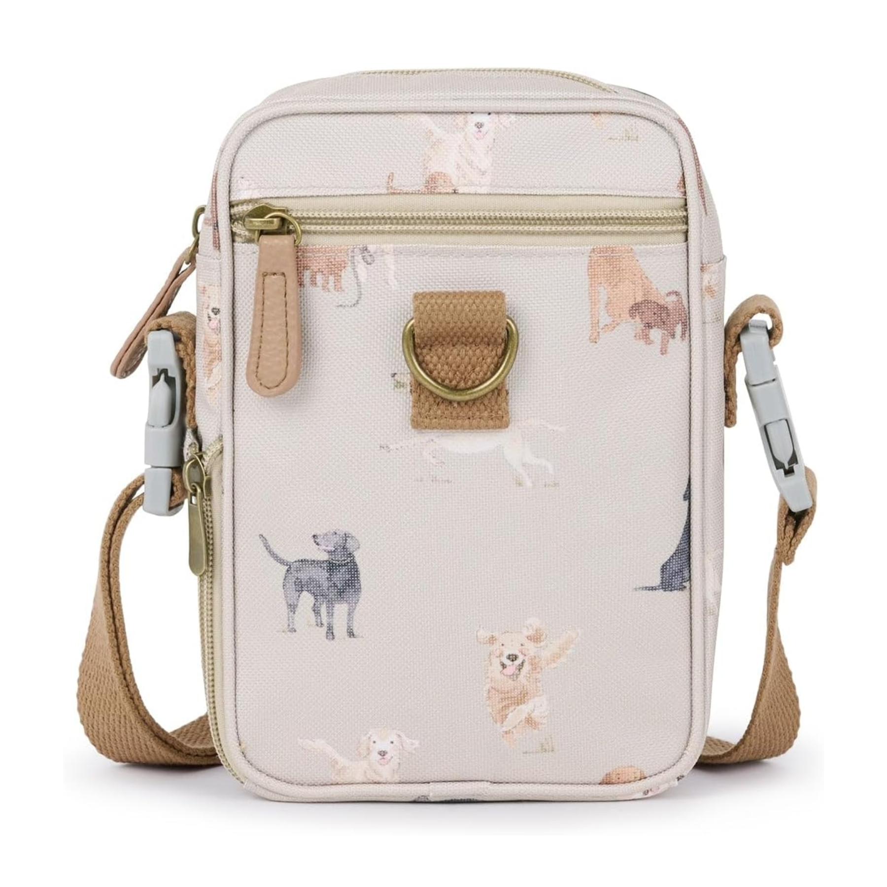 A BEIGE DOG WALKING BAG WITH DOG ILLUSTRATIONS AND A BROWN STRAP
