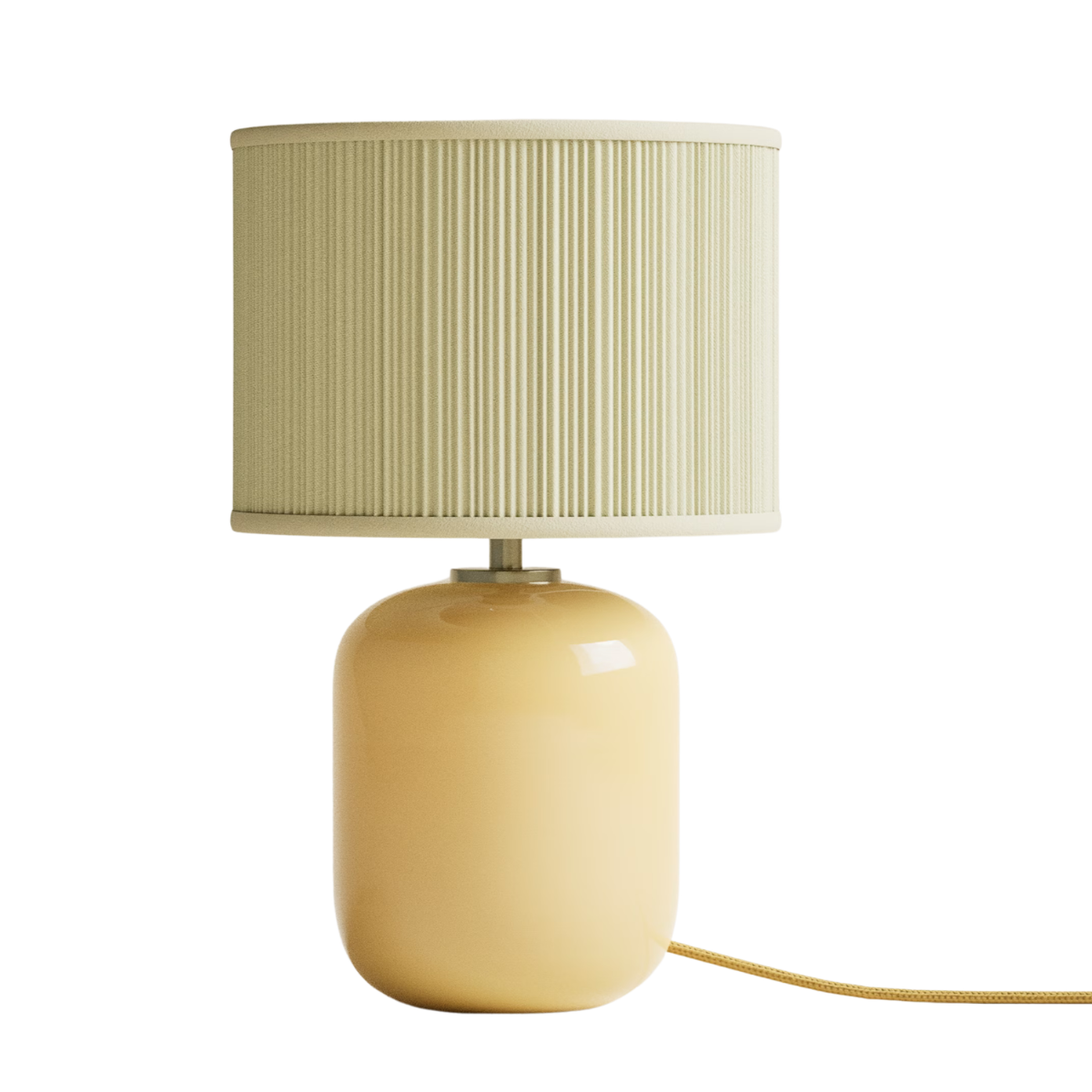 a yellow lamp with a pleated shade