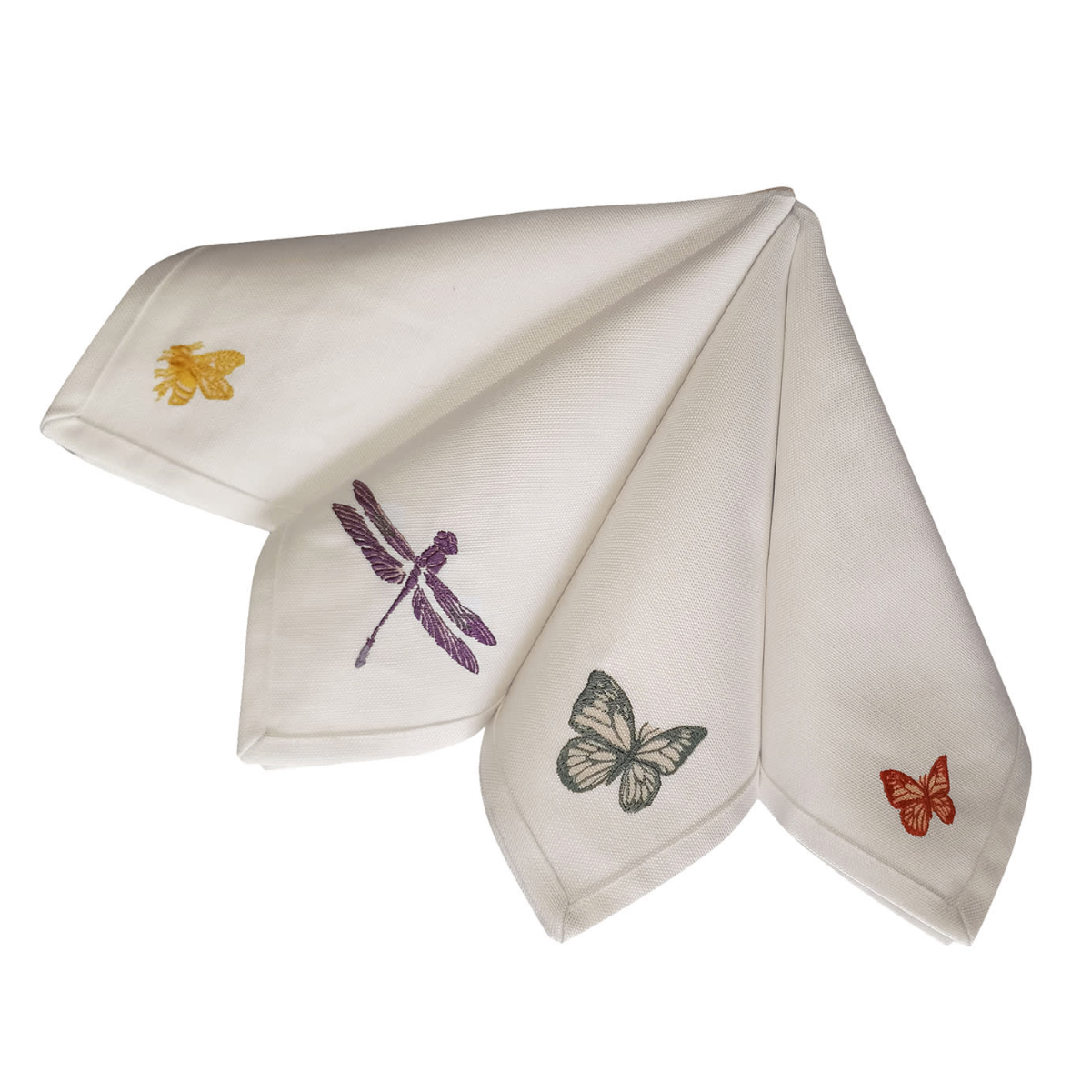 a set of 4 white linen napkins with butterfly and dragonfly embroidery
