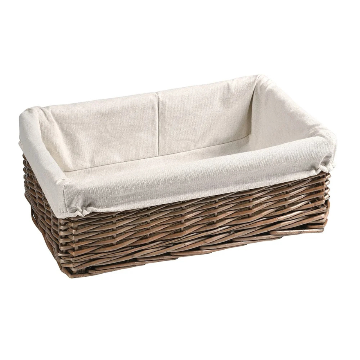 a wicker basket with a linen insert