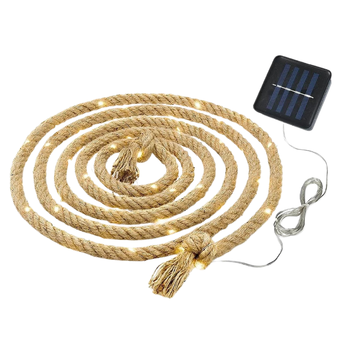a rope solar light coiled up with solar panel