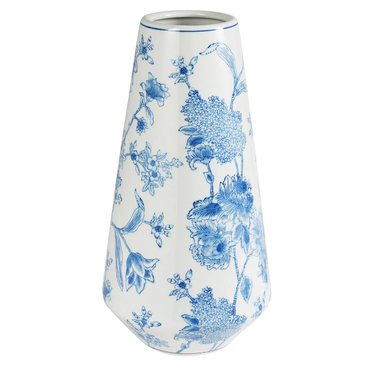 a blue and white floral vase