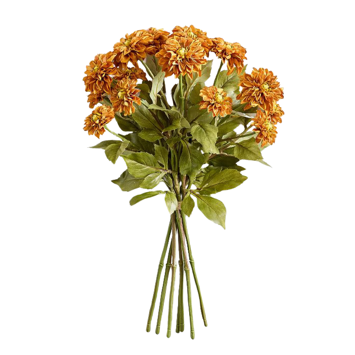 a bunch of faux dark yellow dahlias with green stems and leaves