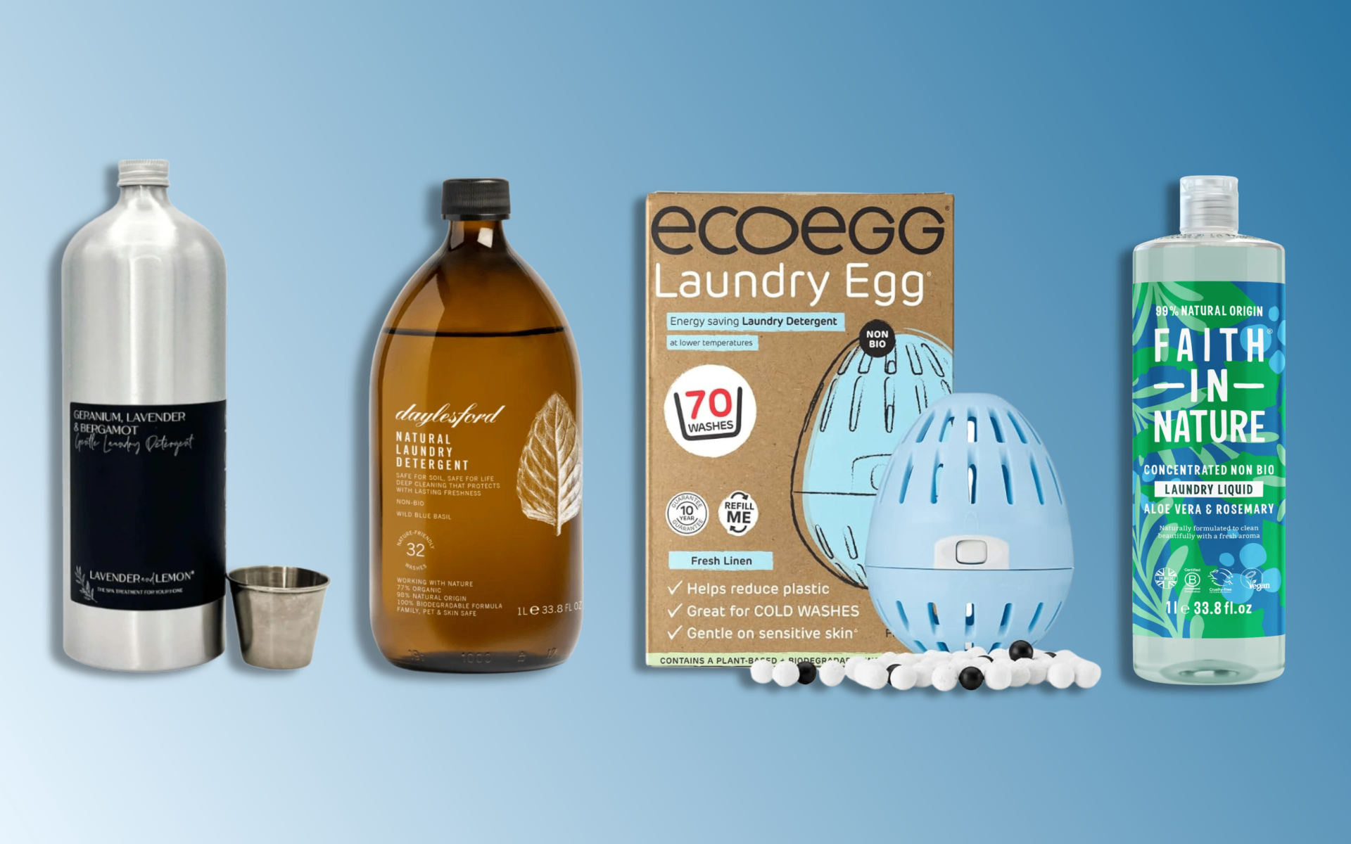 a row of non toxic laundry detergents on a blue background
