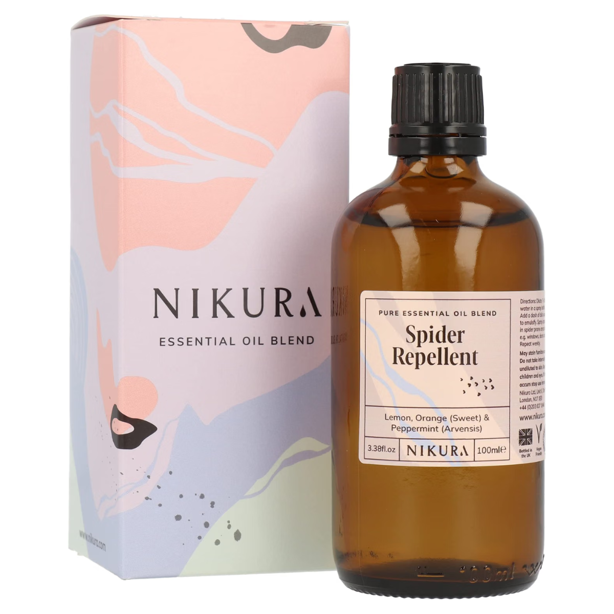 a brown bottle of spider repellent oil with a purple and pink box