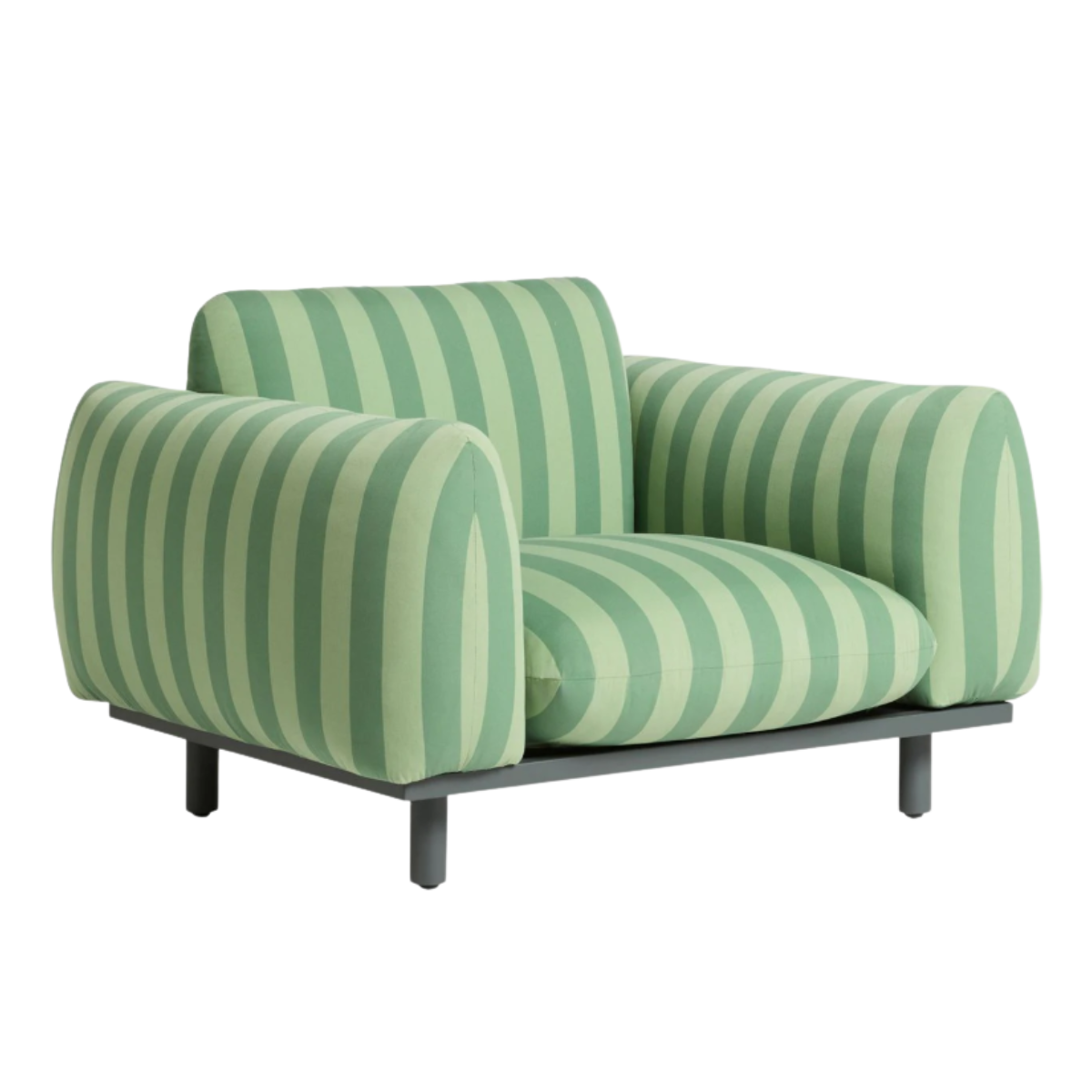 a plush outdoor armchair with green stripe cushions