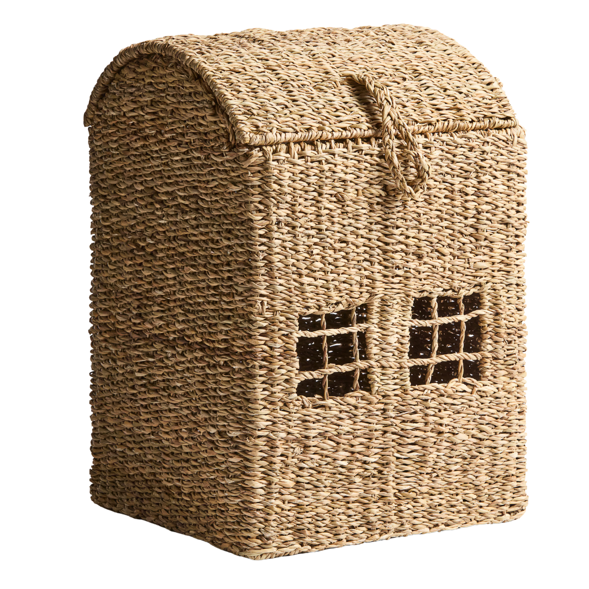 A rattan woven storage basket in the shape of a house