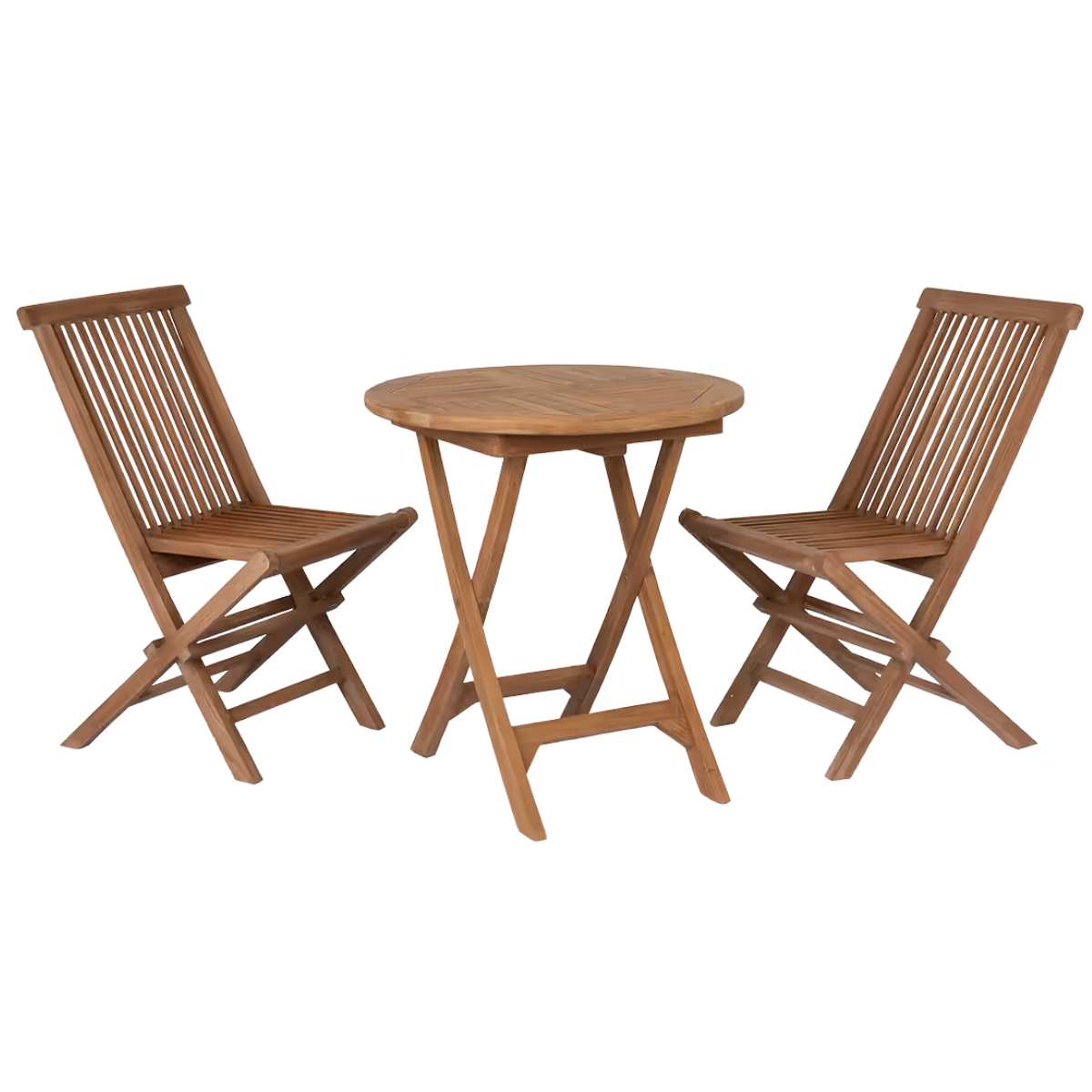 a wooden bistro set with slatted chairs