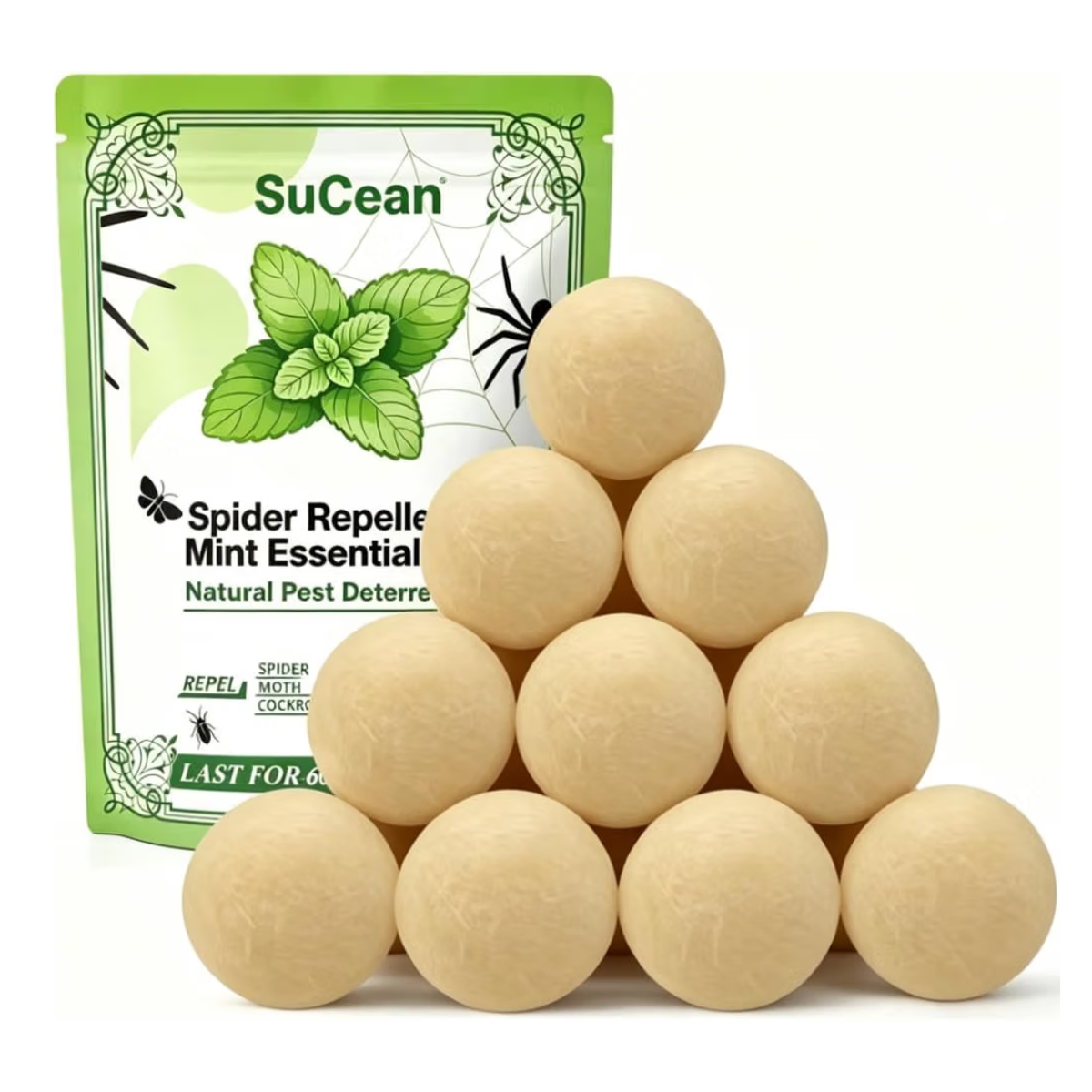 a stack of 10 spider repellent balls with a green and white packet