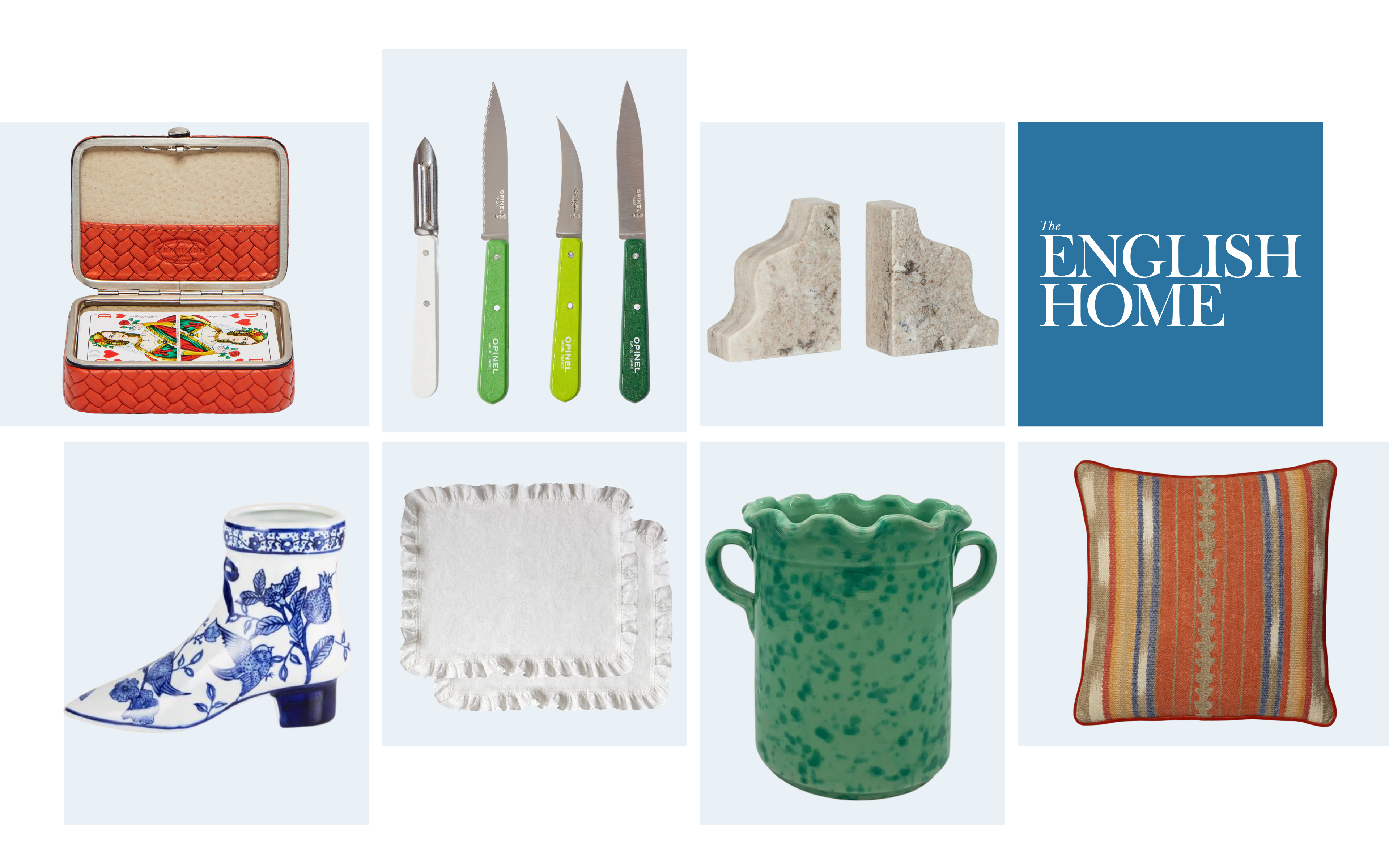 a collage of housewarming gift ideas with the english home magazine logo