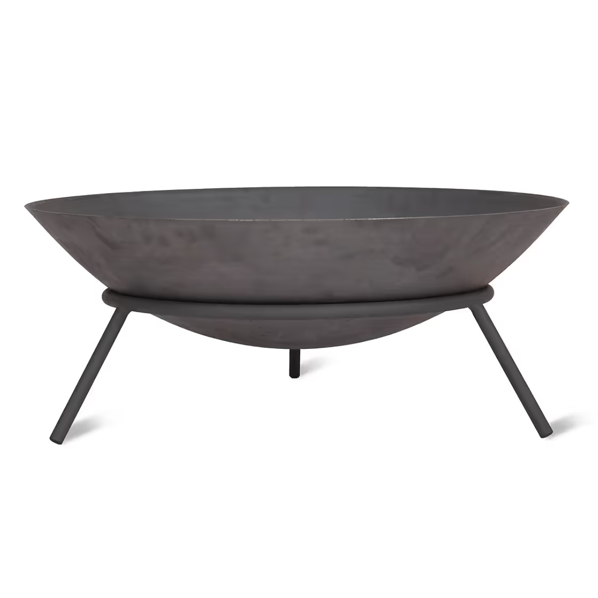 a low round iron fire pit on three feet