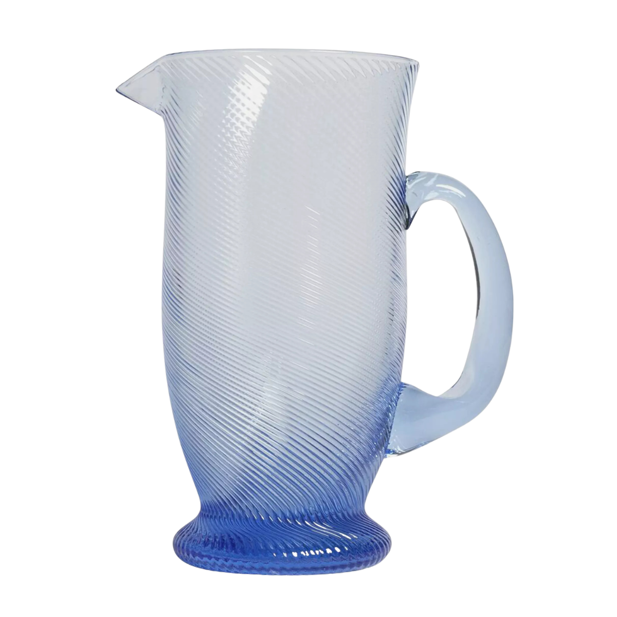 a blue spiral pattern glass jug