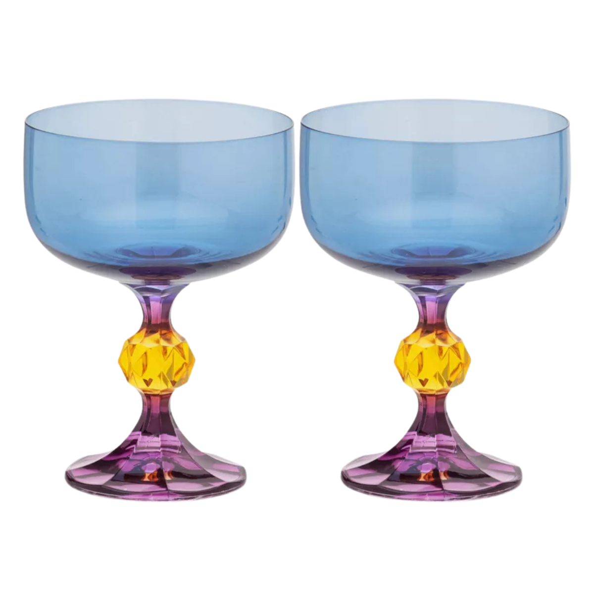 a set of two cocktail glasses in blue, yellow and purple