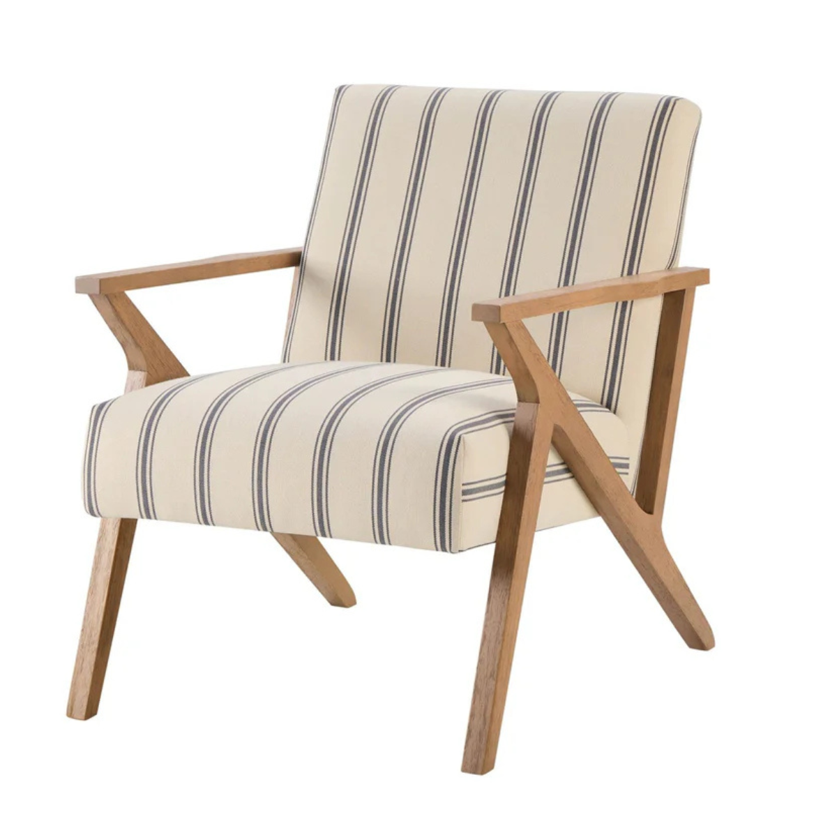 cream and navy stripe upholstered armchair with wooden arms and legs