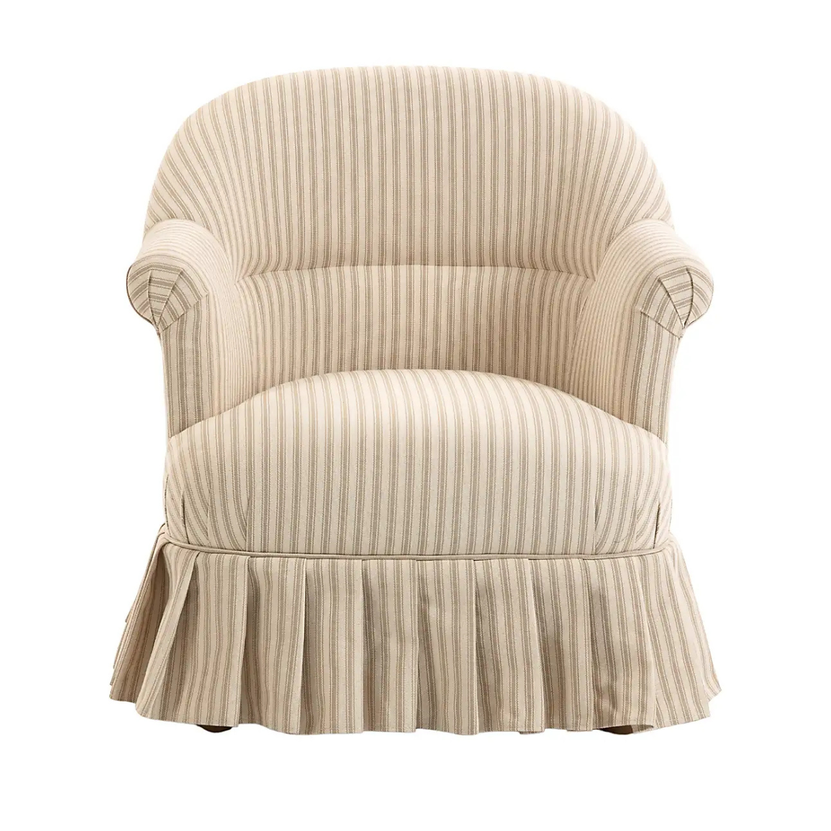 beige and cream stripe armchair with skirted detail