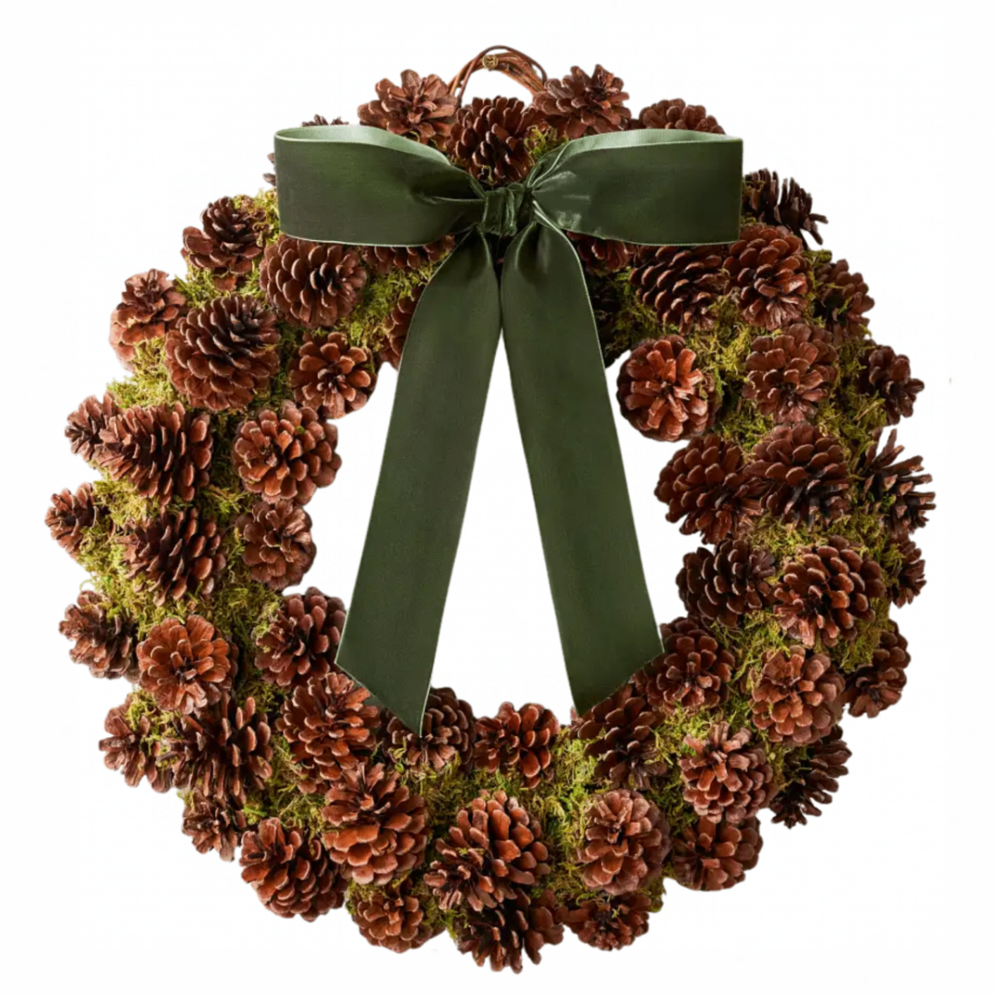 a pine cone wreath with a green ribbon
