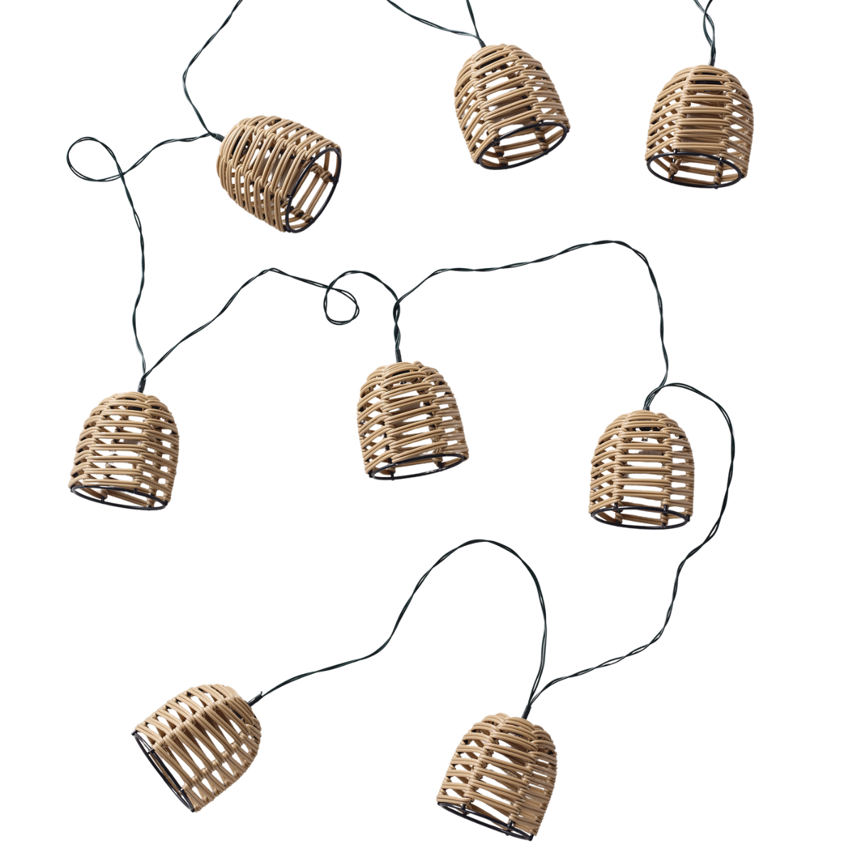 8 mini wicker string lantern lights on a black wire